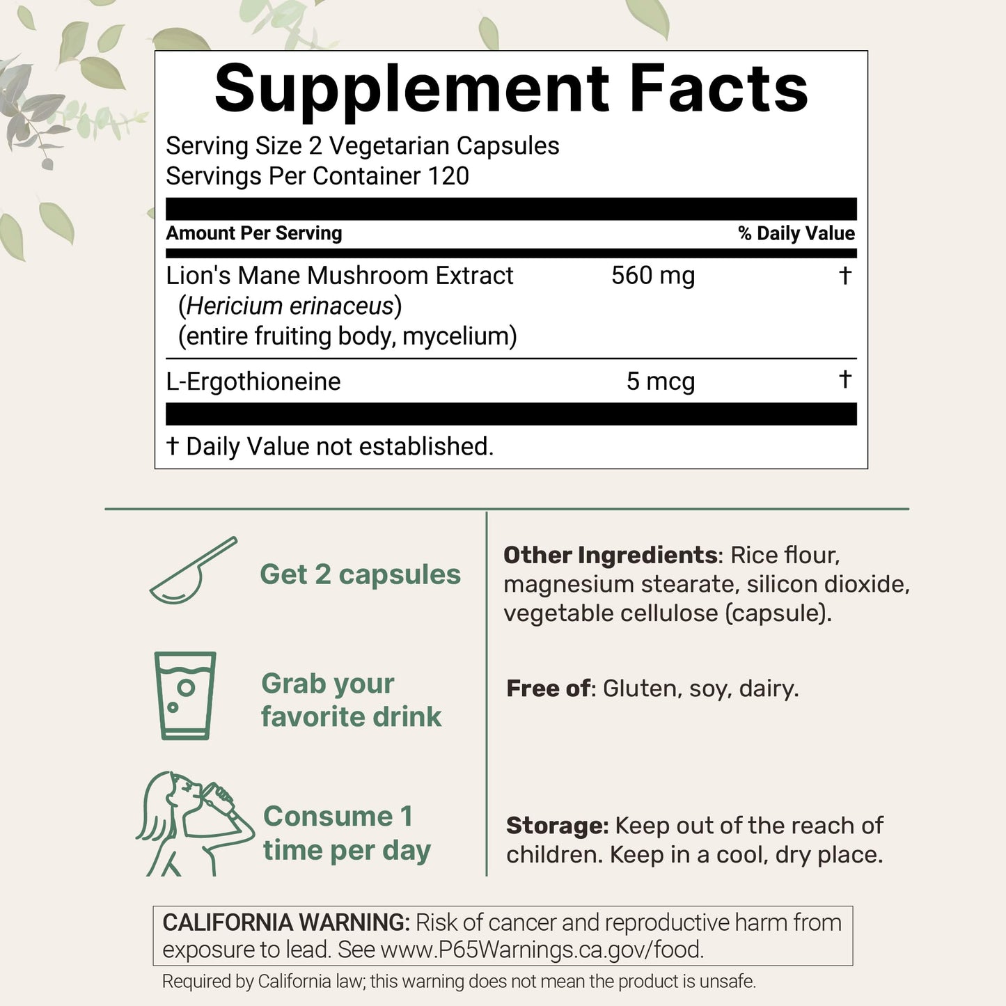 Micro Ingredients Lion’s Mane Mushroom Extract with L-Ergothioneine, 240 Capsules