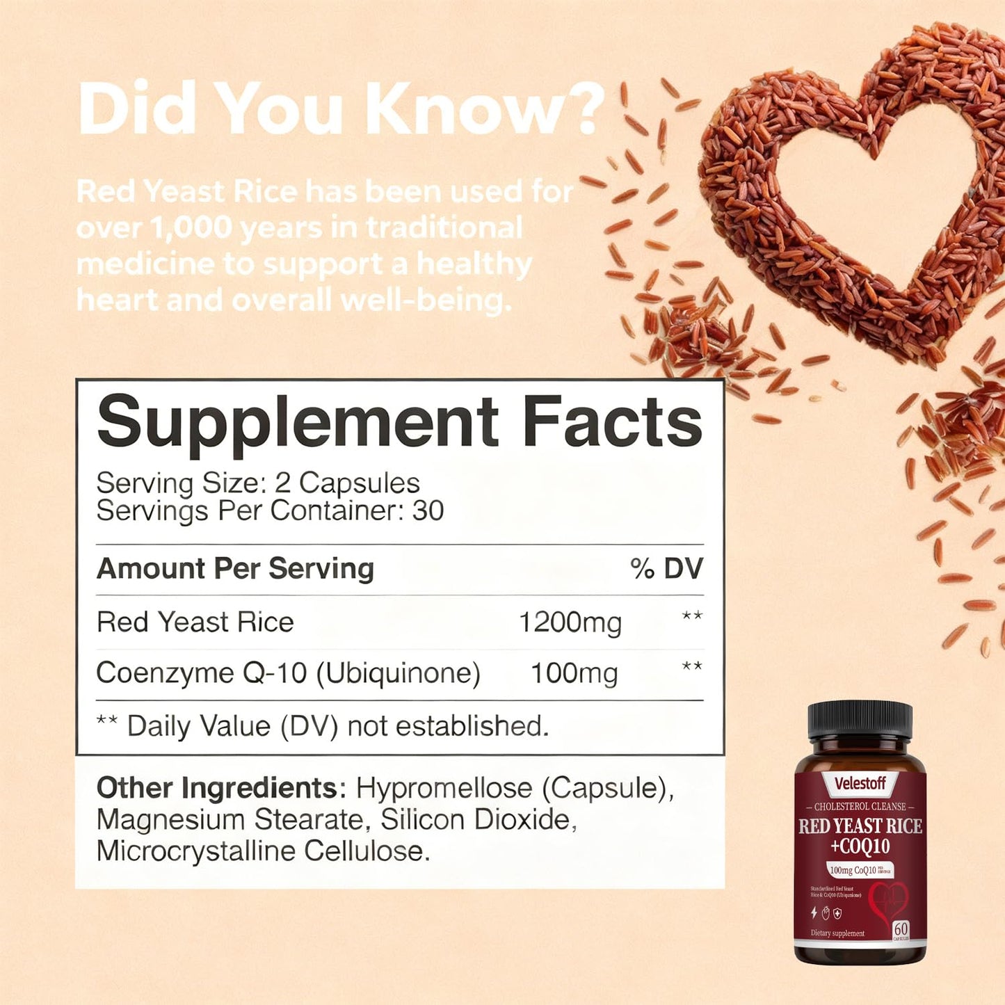 Velestoff Red Yeast Rice & CoQ10 Heart & Cholesterol Support Capsules, Citrinin-Free, Third-Party Tested, Vegan, USA-Formulated, 1 Capsule