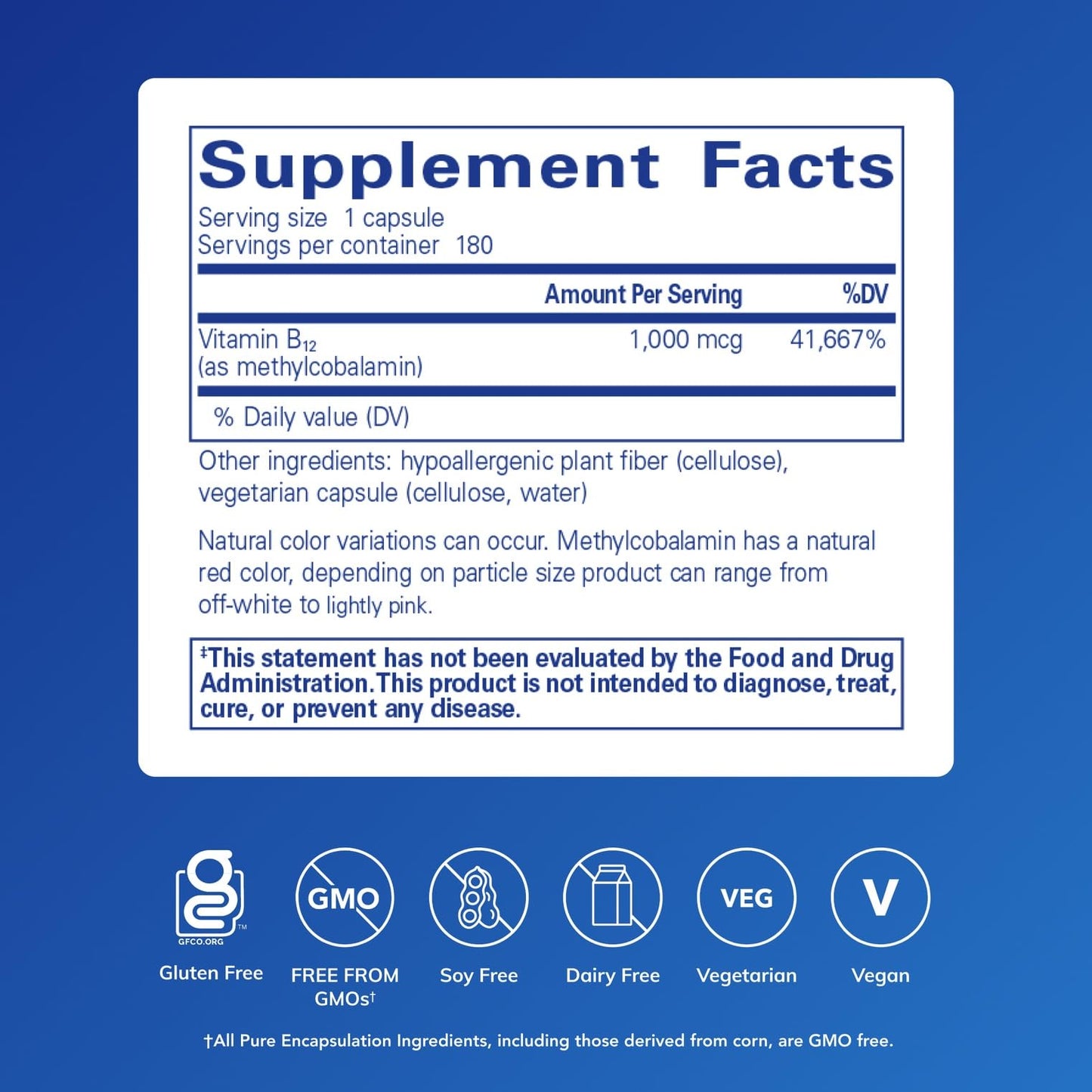 Pure Encapsulations Methylcobalamin 1,000 mcg Vitamin B12 Supplement to Support Memory & Nerve Health Premium Vitamin B12 Capsules, 180 Capsules