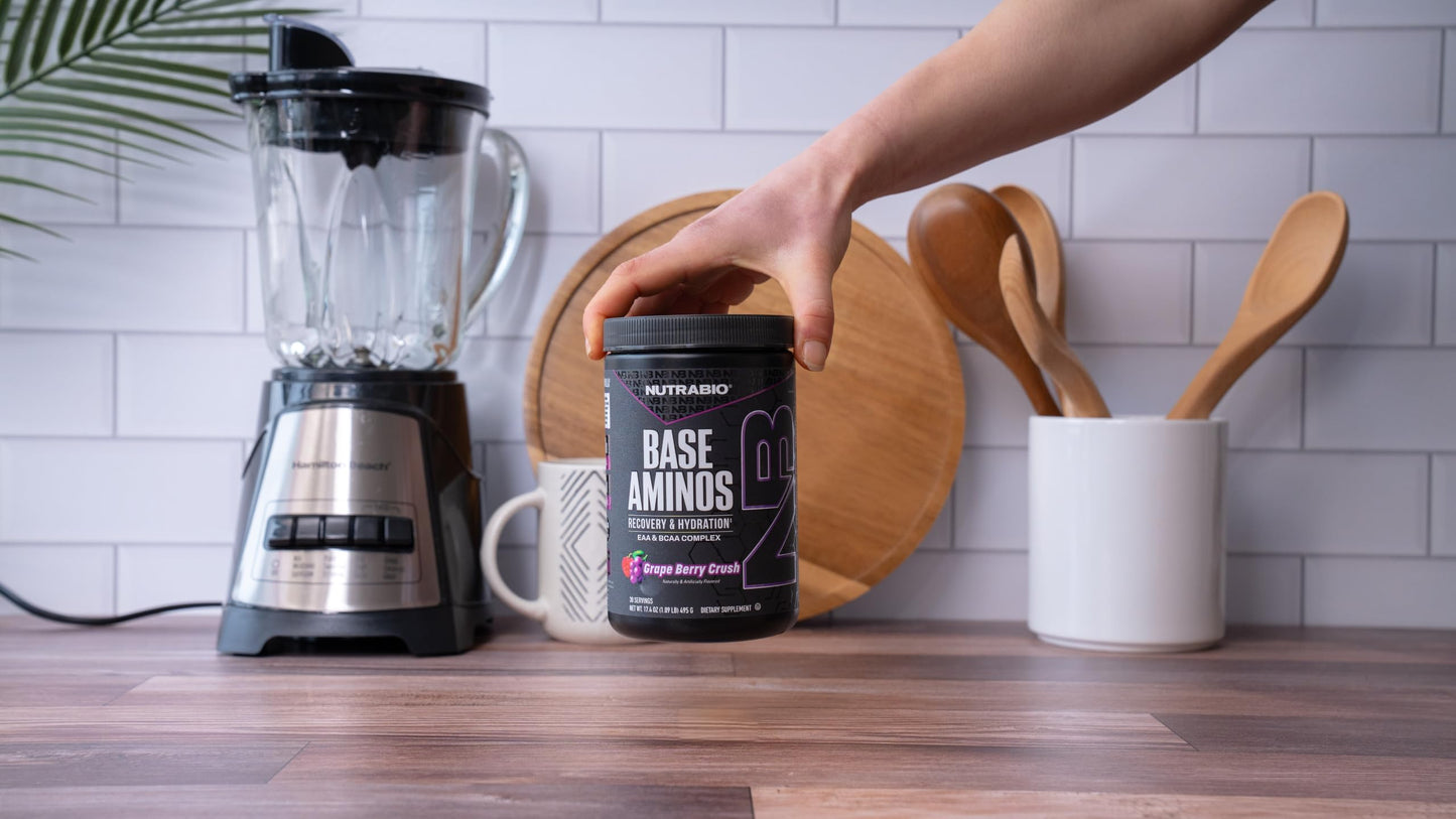 NutraBio Base Aminos EAA + BCAA Powder – 10g Essential Amino Acids Supplement, 6g 2:1:1 BCAAs, 2.8g Hydration Matrix with Electrolytes & Absorption Enhancer AstraGin®, Grape Berry Crush, 17.4