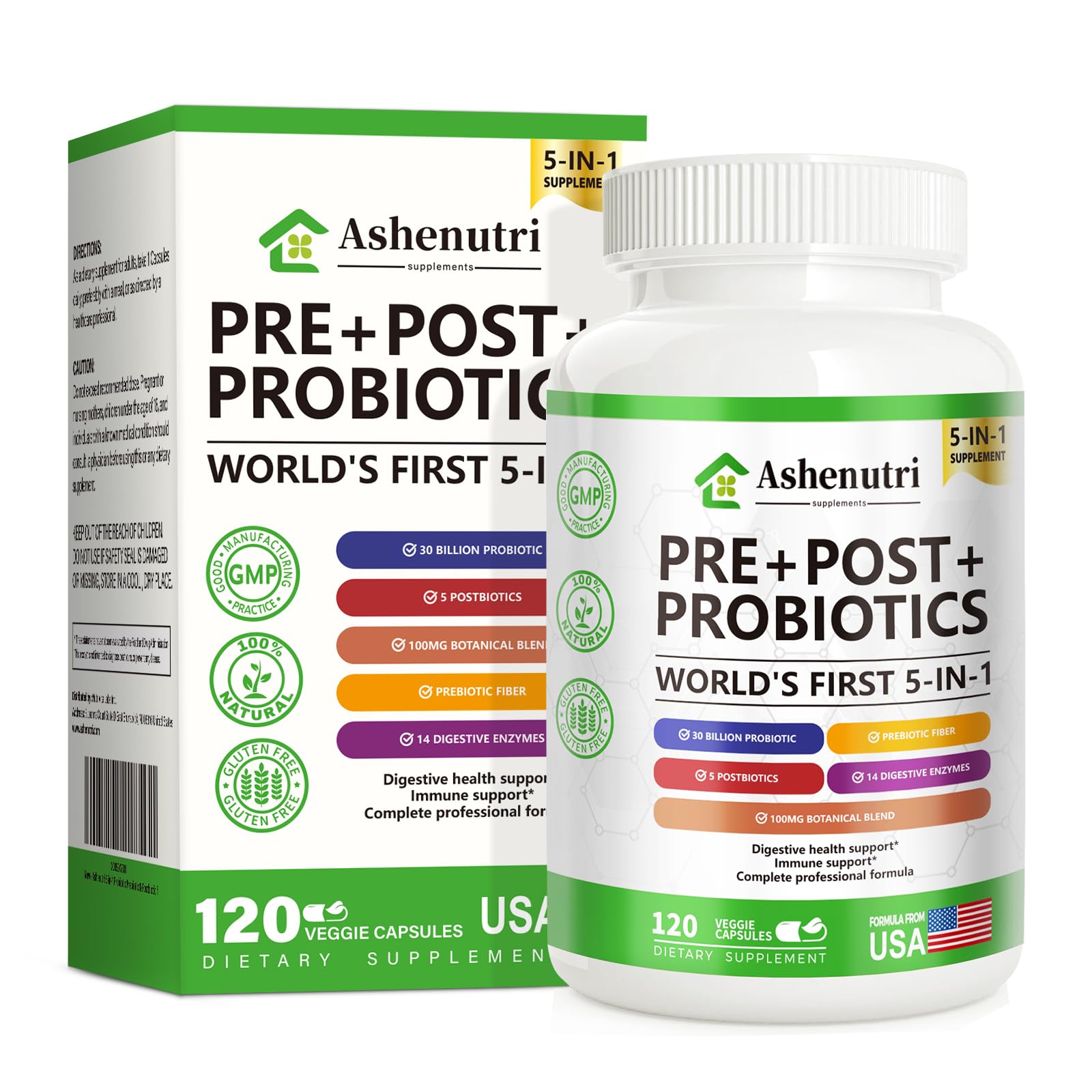 Ashenutri Probiotic Prebiotic Postbiotic for Women & Men, 30 Billion CFU, 24 Strains with Digestive Enzymes, Prebiotic Fiber & Slippery Elm – Complete Daily Immune & Gut Support, Capsule, 120 Count