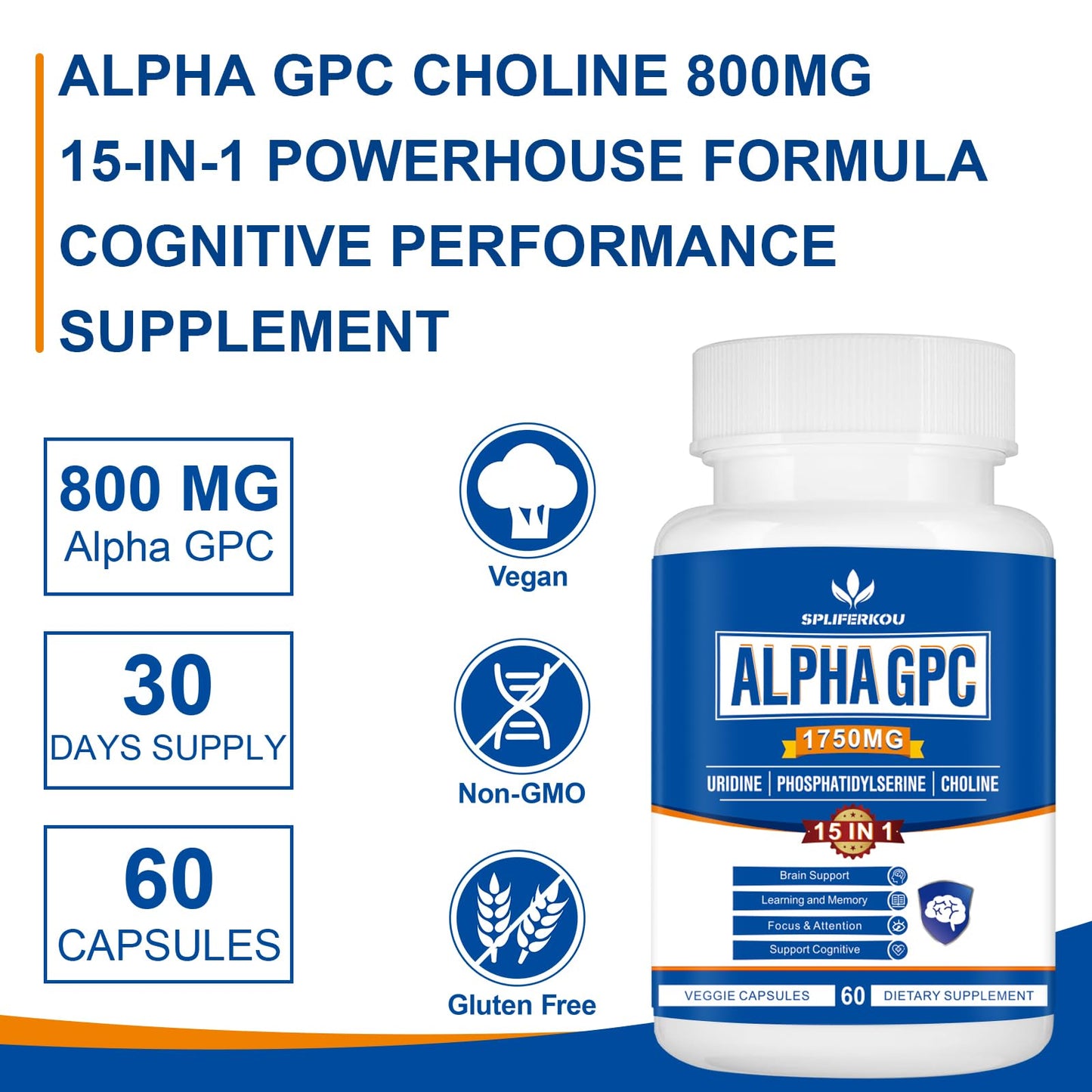 Spliferkou 15-in-1 Alpha GPC Supplement with Phosphatidylserine, Uridine, L-Theanine, Lion's Mane Mushroom, 60 Capsules