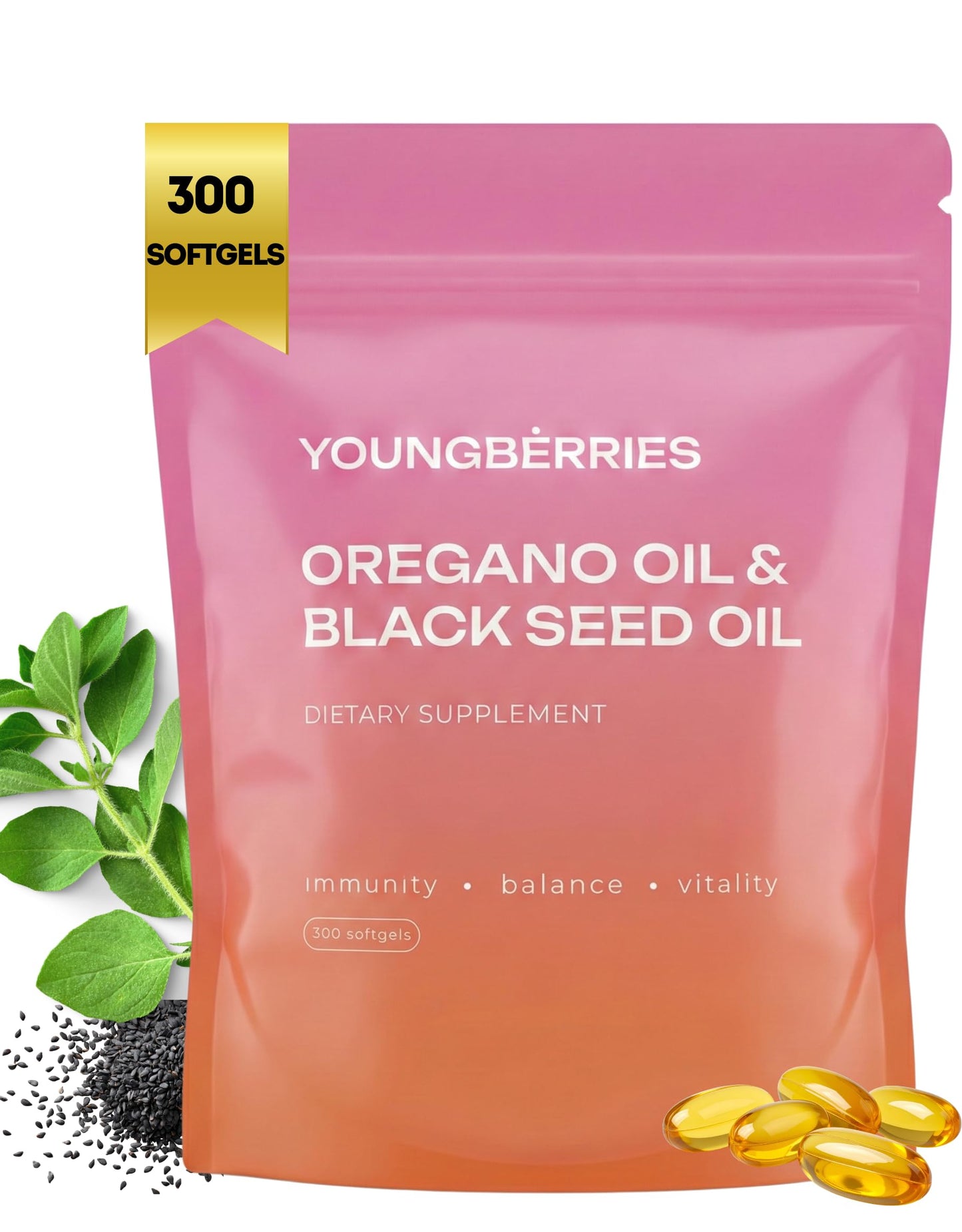 YOUNGBERRIES Oil of Oregano with Black Seed Oil Softgels 300 Count