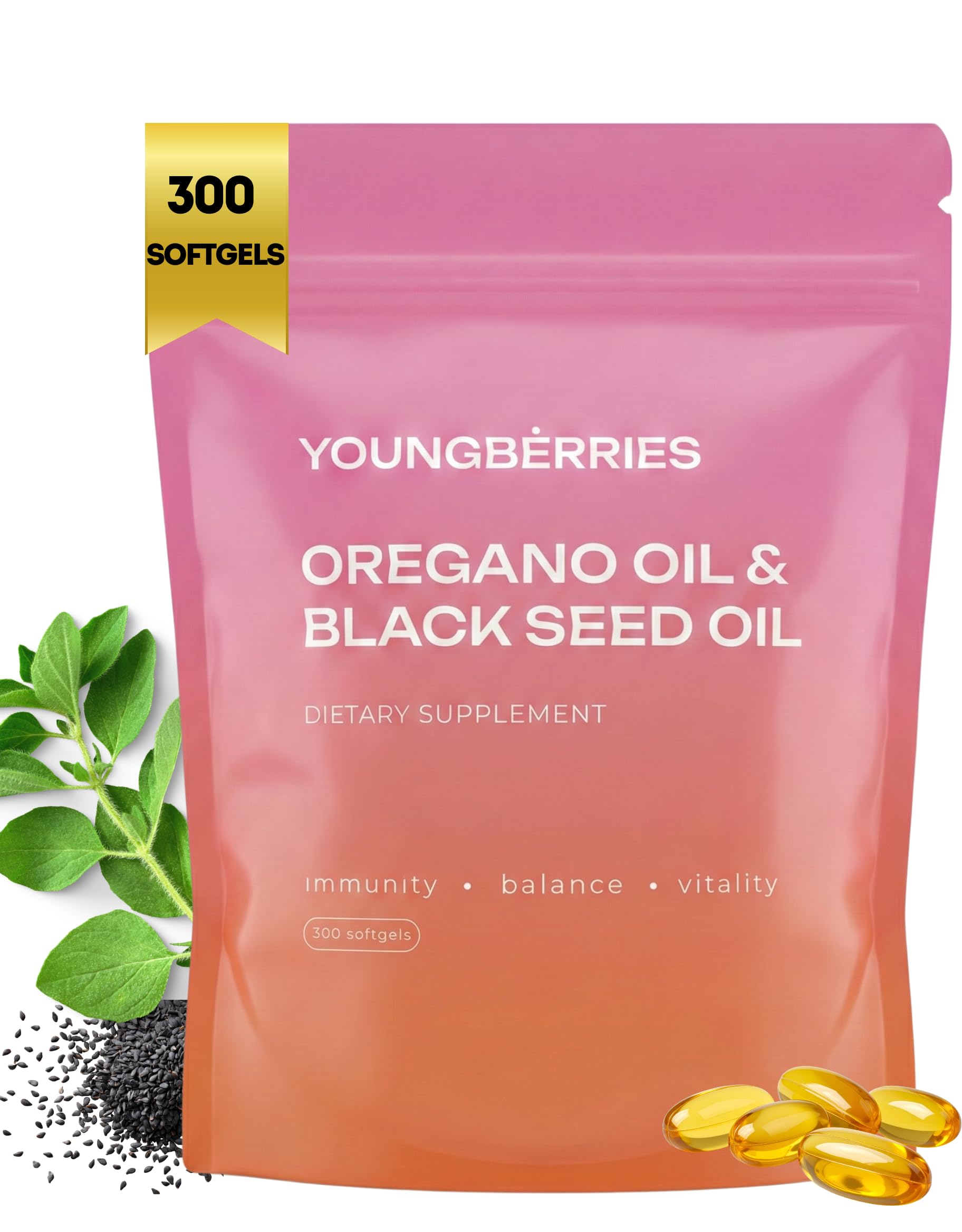 YOUNGBERRIES Oil of Oregano with Black Seed Oil Softgels 300 Count