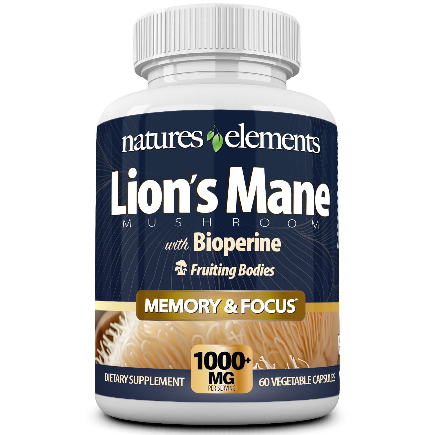 Natures Elements Lion’s Mane Mushroom with BioPerine 10:1 Extract, 1000mg Lion’s Mane + 10mg BioPerine, 30% Polysaccharides, 60 Vegetarian Capsules, Cognitive & Nerve Support, Non-GMO