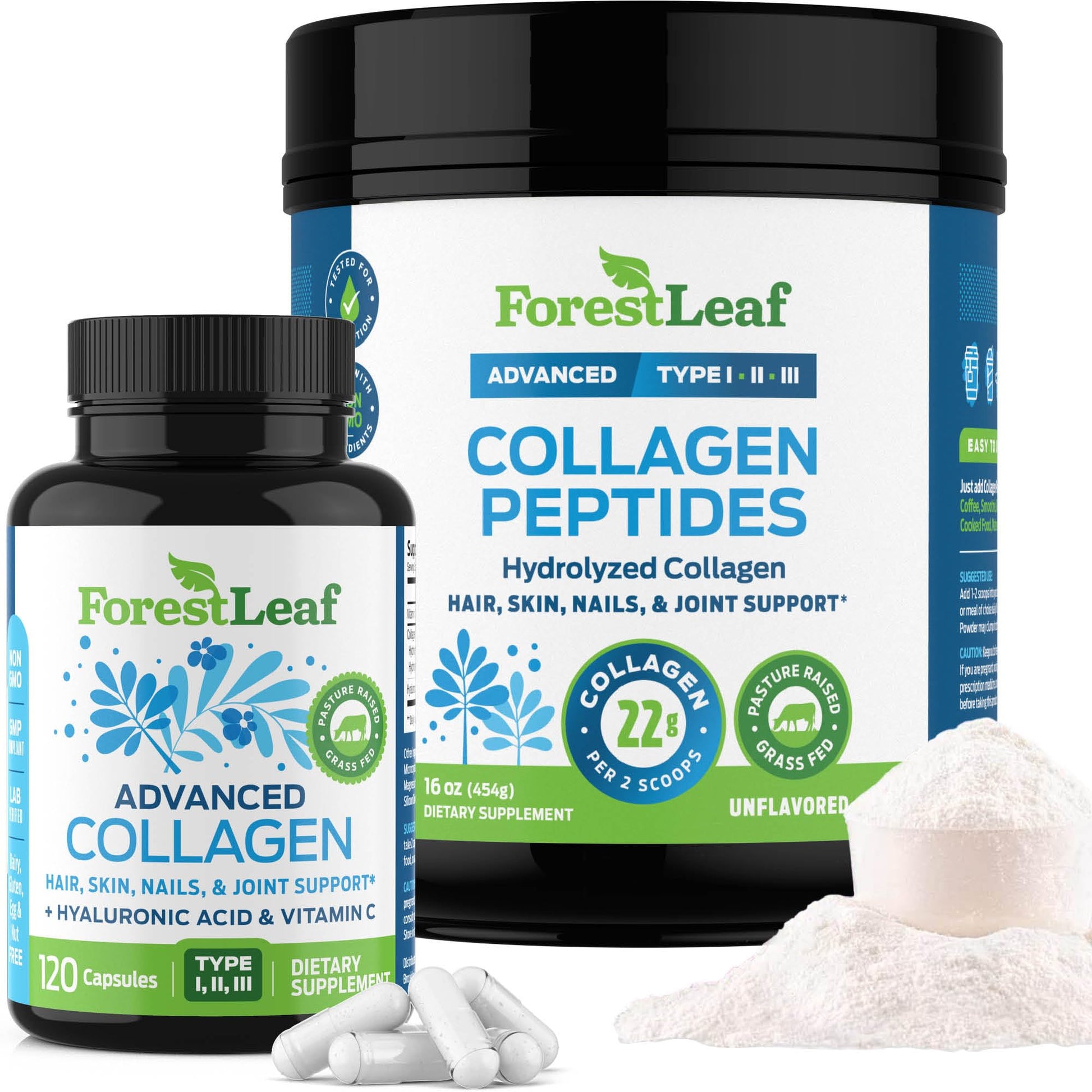 ForestLeaf Collagen Supplements Bundle - 2-in-1 Hydrolyzed Collagen Peptides Powder and Collagen Pills - Grass-Fed Bovine Collagen for Women and Men, 120 Count