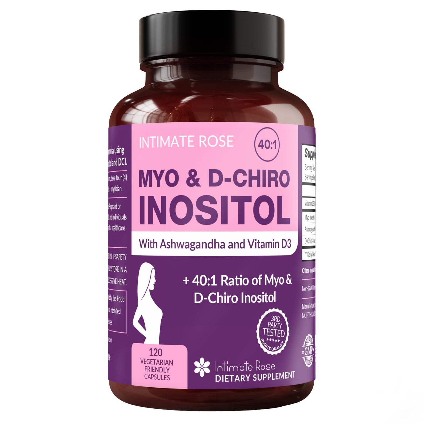Intimate Rose Myo-Inositol & D-Chiro Inositol Supplement for Women - Hormone Balance & Ovarian Support for Women - Ideal 40:1 Ratio, Vitamin D + Ashwagandha Capsules, 120 Count