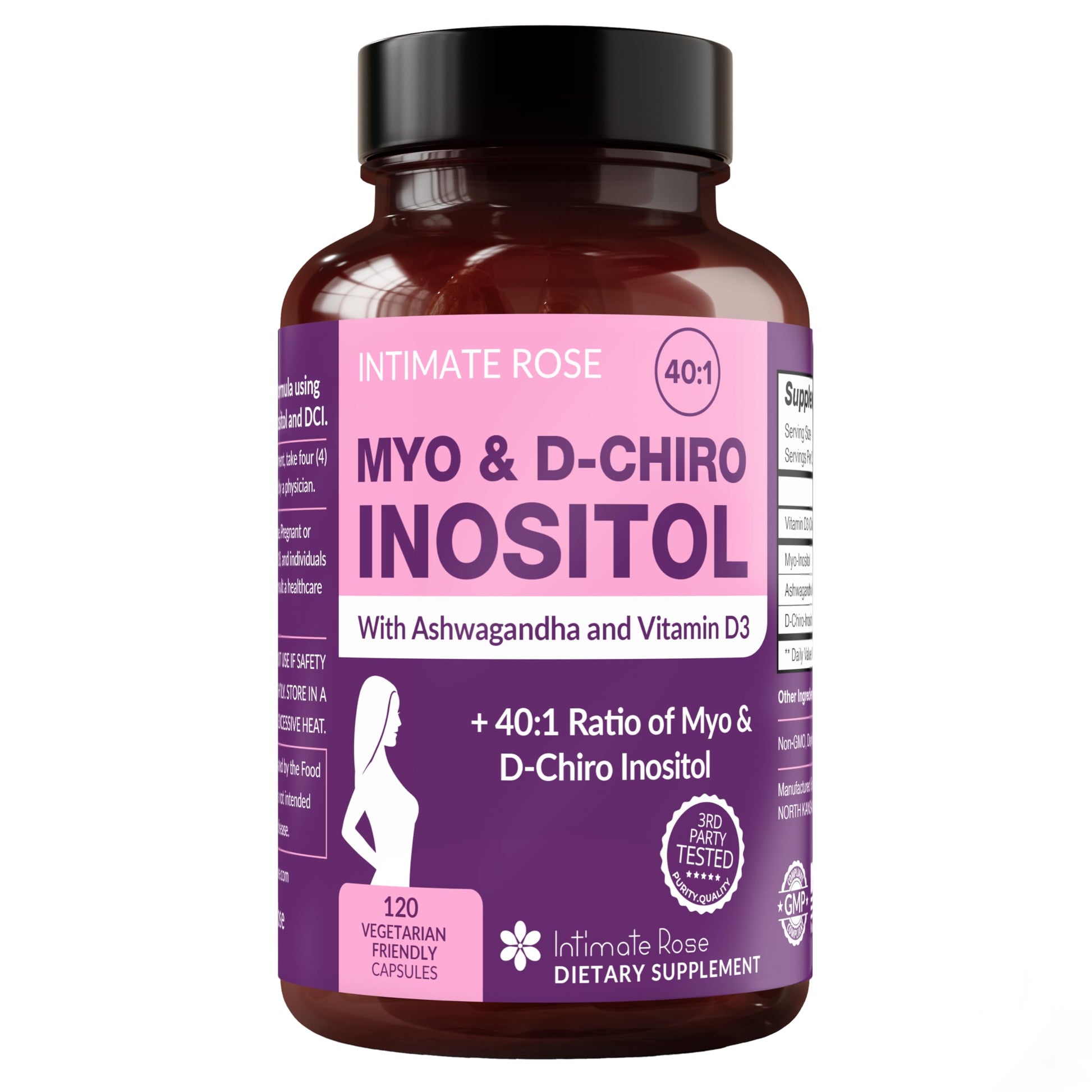 Intimate Rose Myo-Inositol & D-Chiro Inositol Supplement for Women - Hormone Balance & Ovarian Support for Women - Ideal 40:1 Ratio, Vitamin D + Ashwagandha Capsules, 120 Count