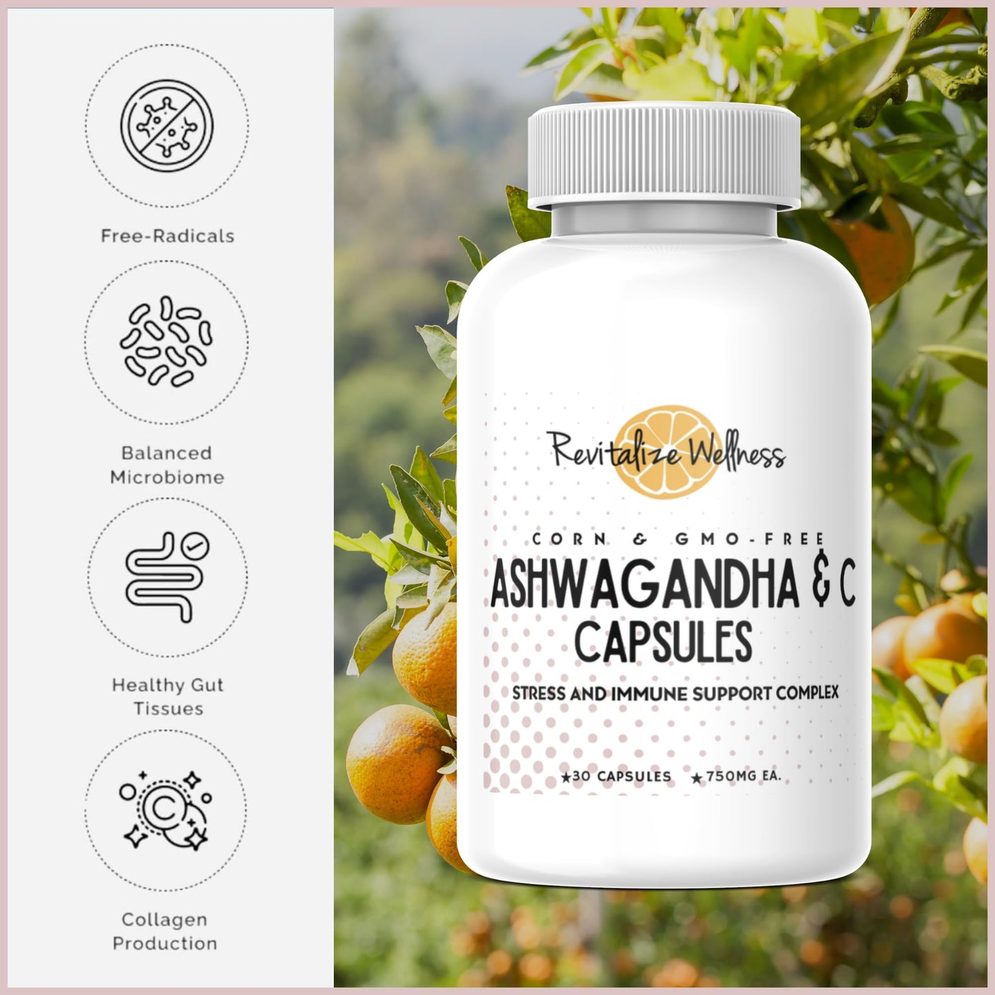 Revitalize Wellness Ashwagandha + Vitamin C Capsules, 30 Count