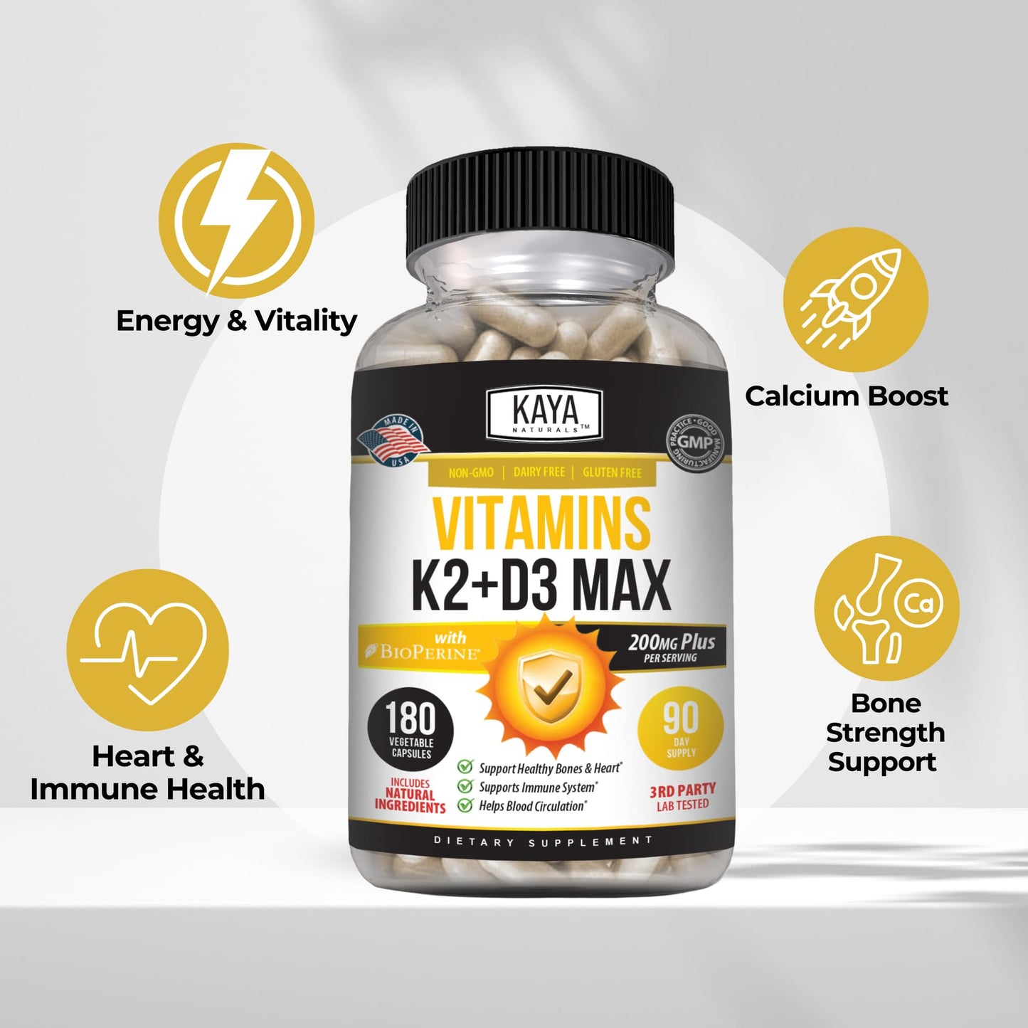 Kaya Naturals Vitamins K2 with D3 5000IU Capsules, 180 Count