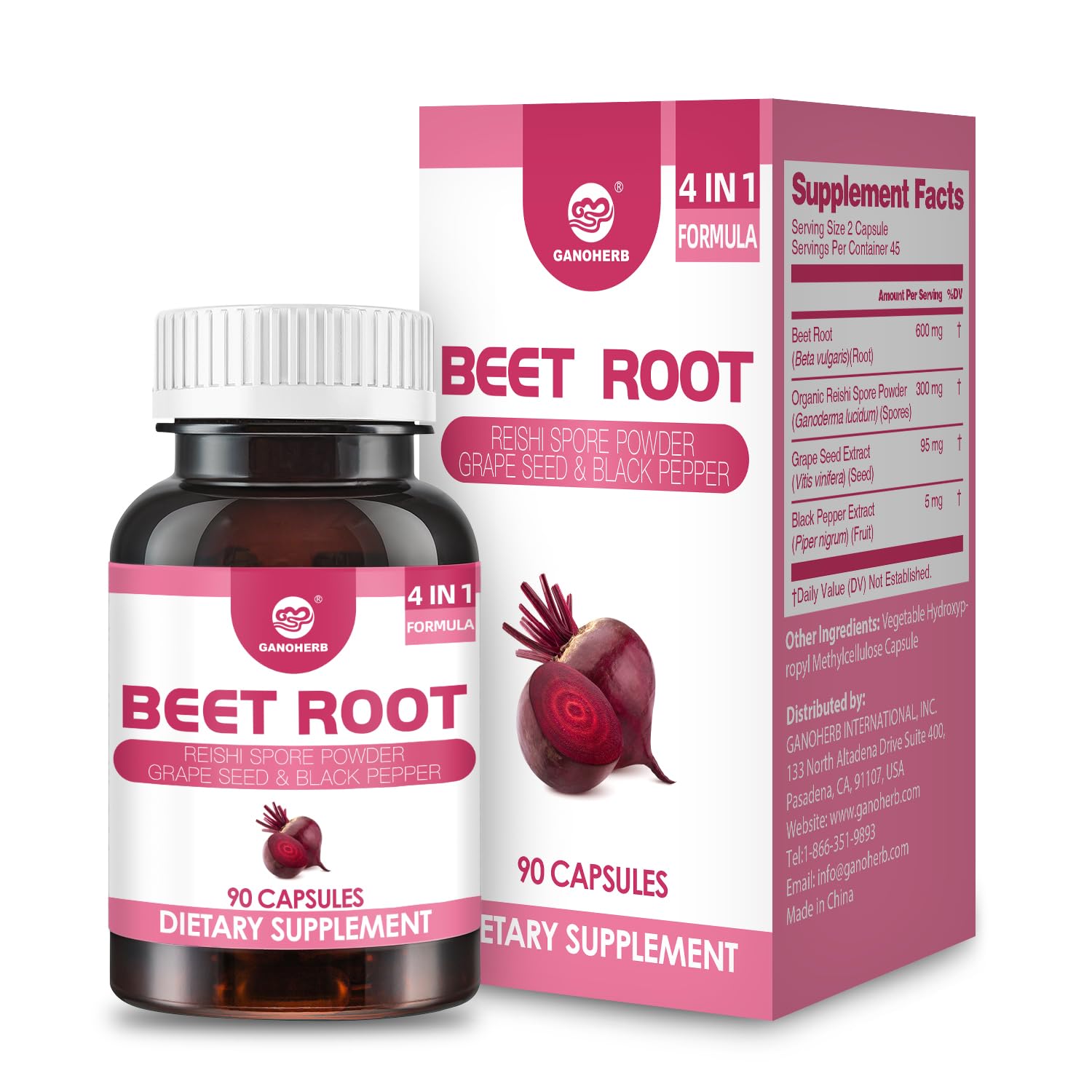 GANOHERB Beet Root Capsules with Grape Seed Extract, Reishi Mushroom, Black Pepper, 4 in 1 for Nitric Oxide & Health Circulation, 90 Capsules