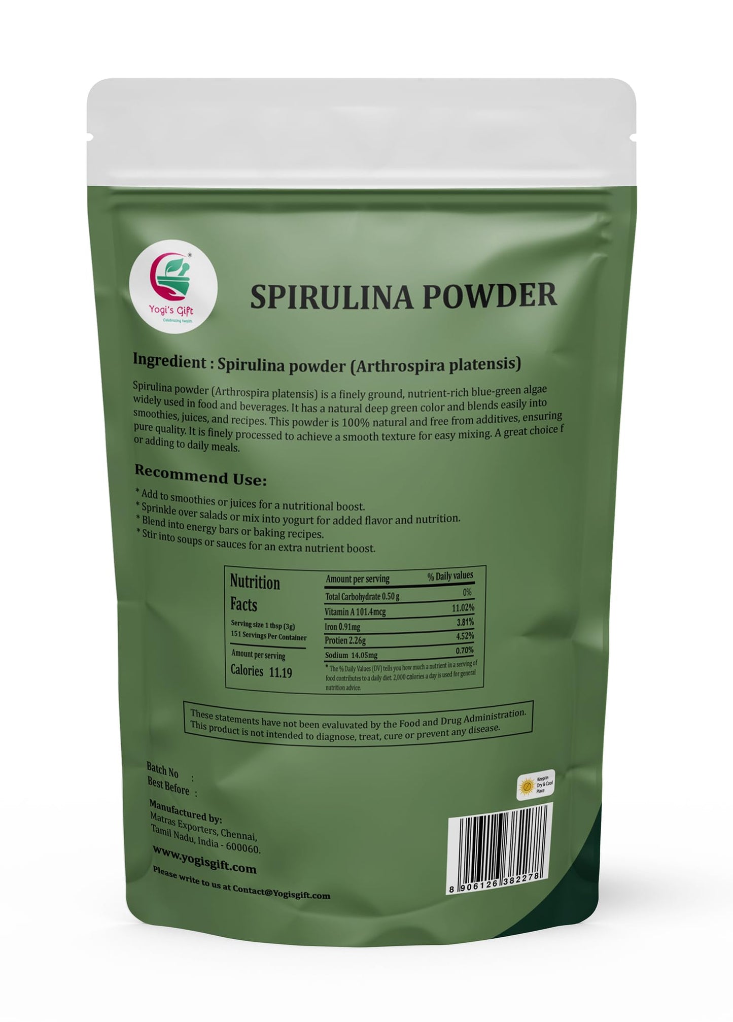 YOGI’S GIFT – Celebrating health Spirulina Powder 16 Ounce