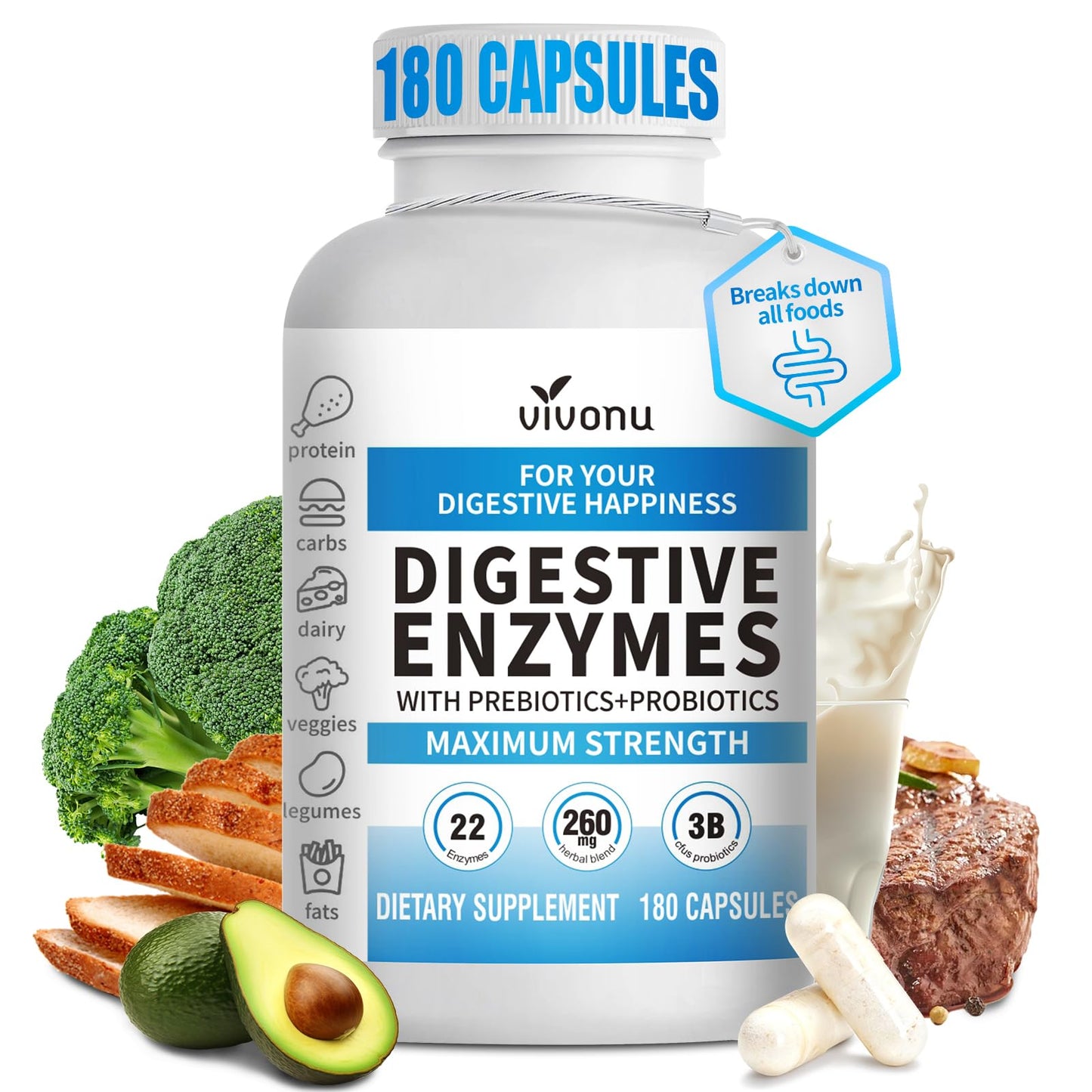 VivoNu Digestive Enzymes with Organic Prebiotics & Probiotics 180 Capsules