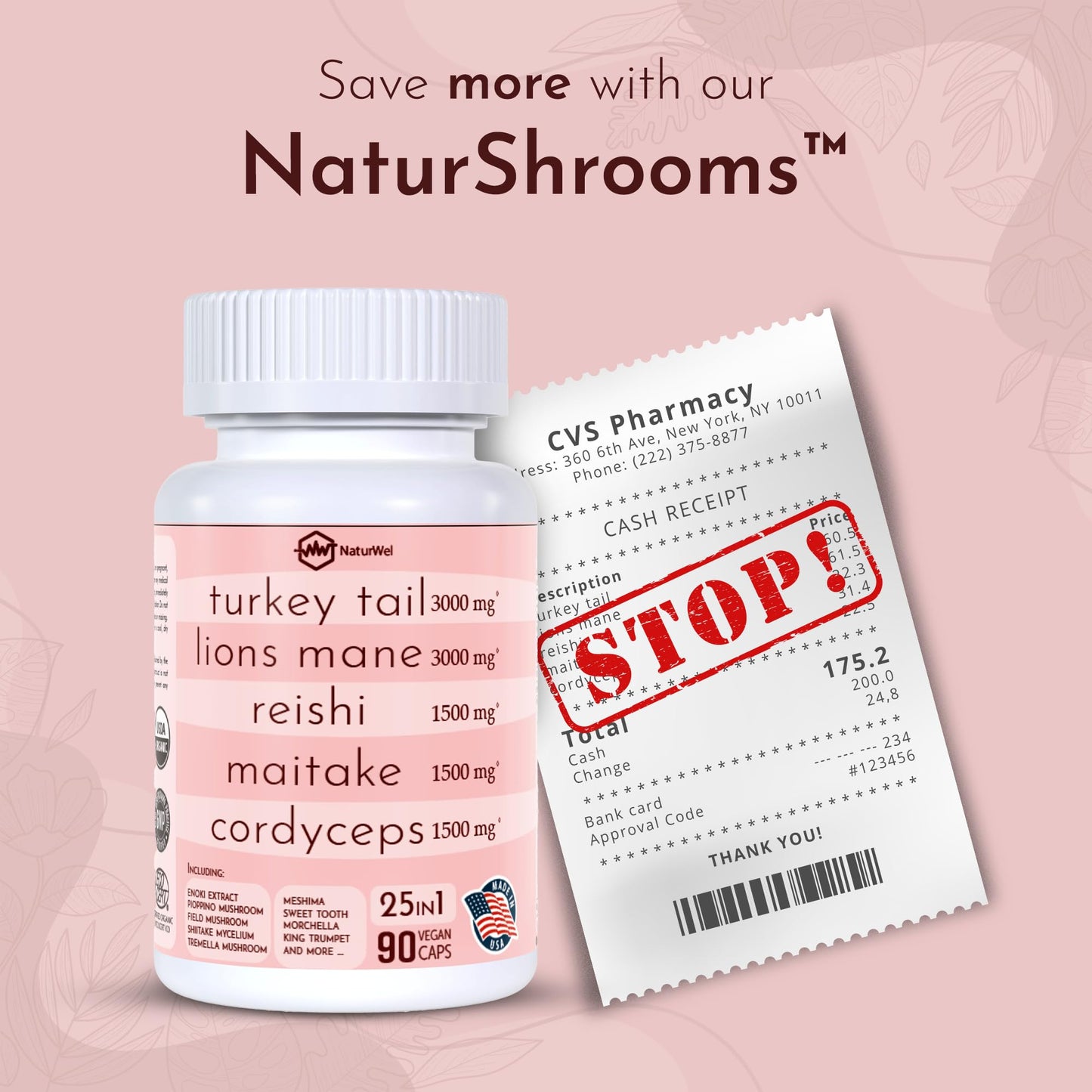 NaturWel Turkey Tail 3000mg Lions Mane 3000mg Reishi 1500mg Mushroom Blend Capsules, 90 Count