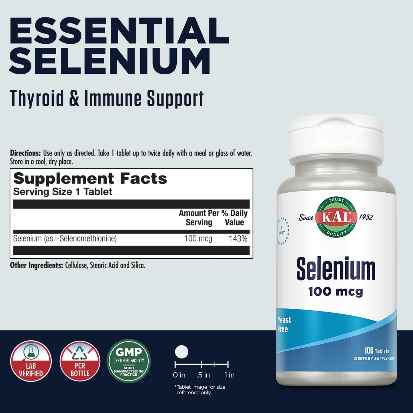 KAL Selenium 100 mcg Yeast Free, 100 Tablets