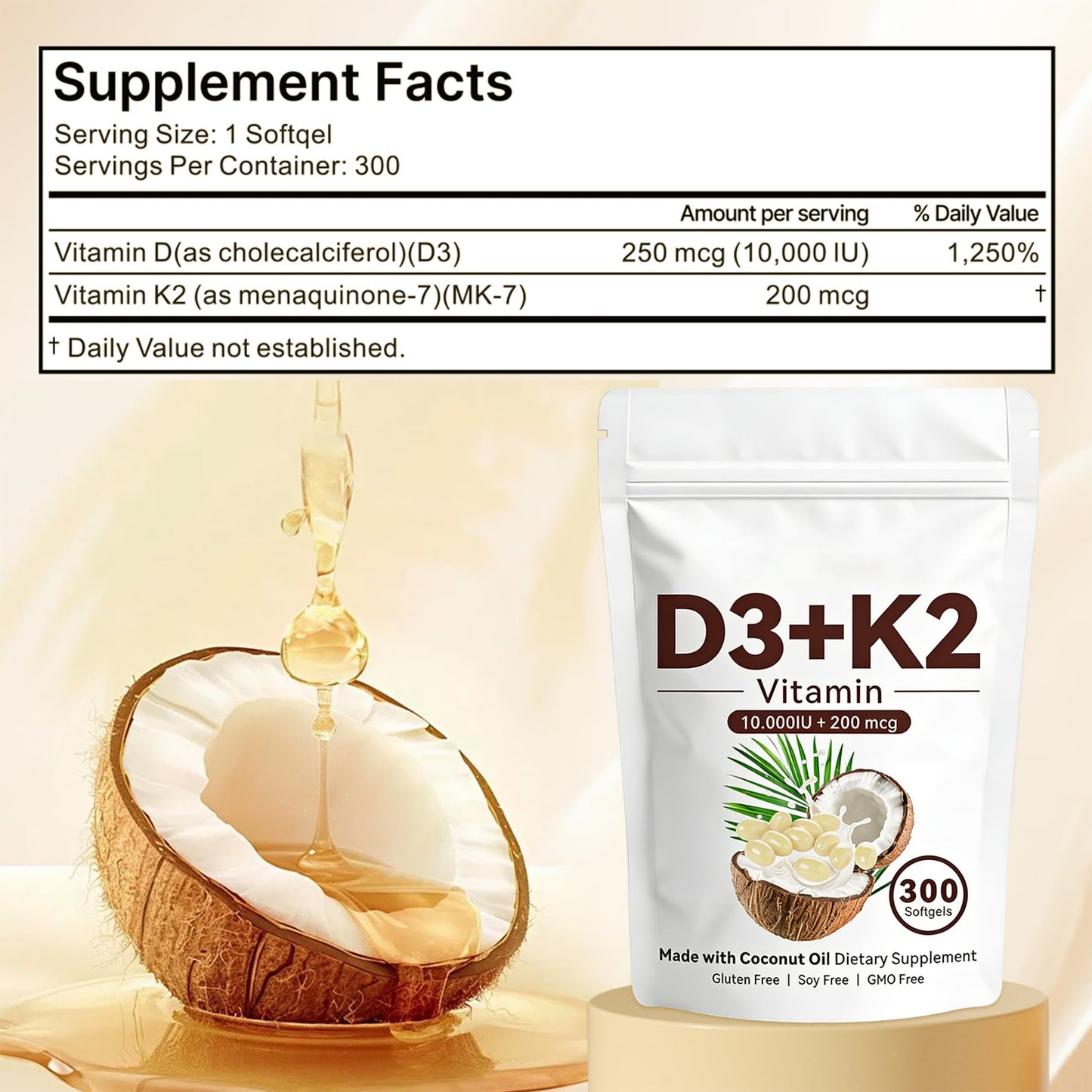 Wuliao Vitamin D3 K2 10,000 IU – 2-in-1 D&K Complex with Vitamin K2 (MK-7) Softgels, 300