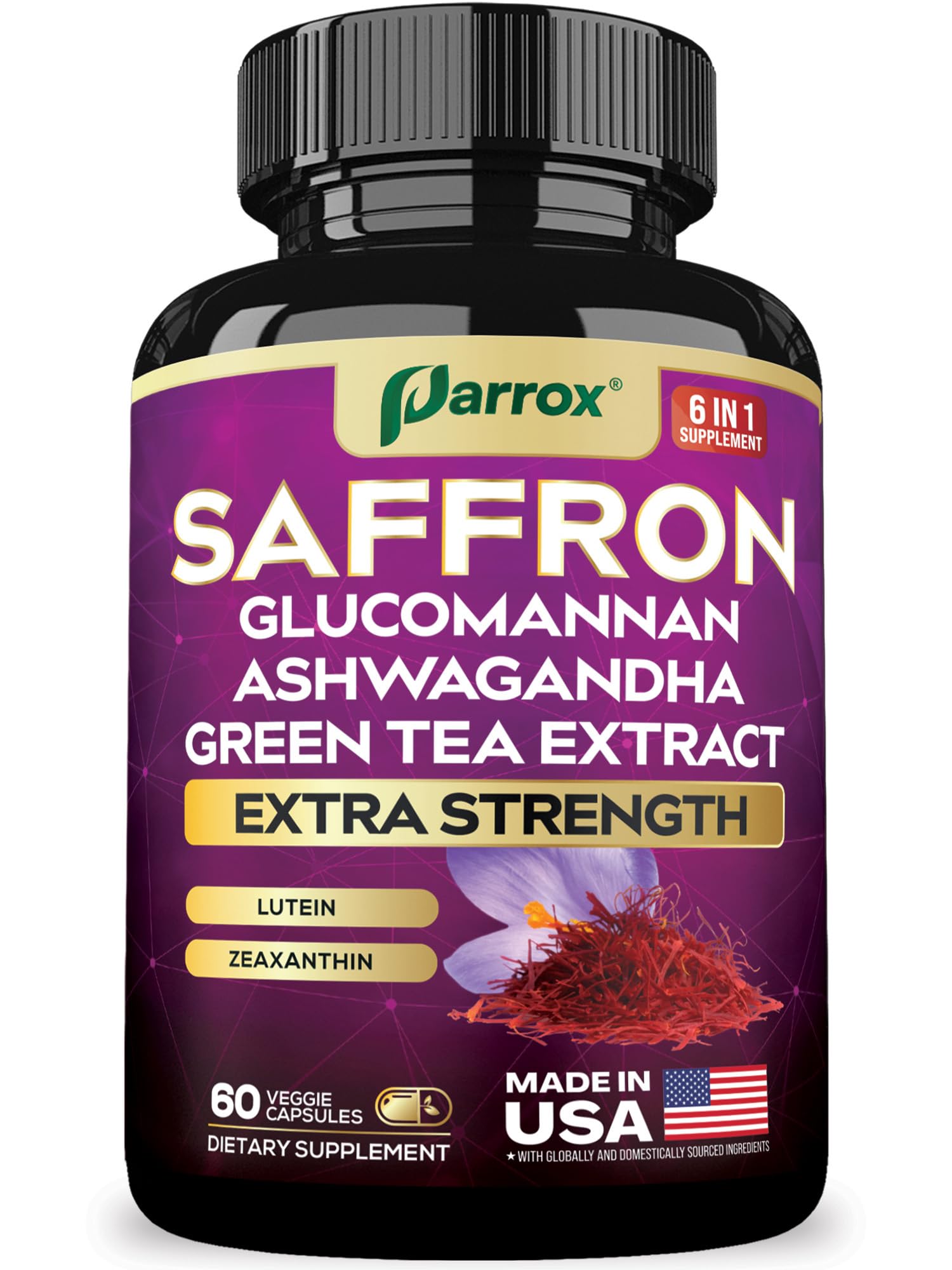 Parrox Saffron Supplement Vision & Wellness Support Glucomannan Capsule 60 Count