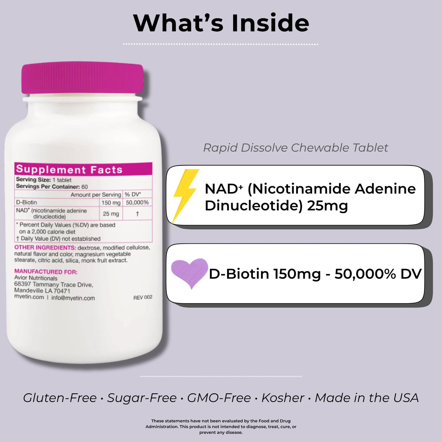 Myetin NAD+ & High-Dose Biotin Supplement Tablets, 60 Tablets