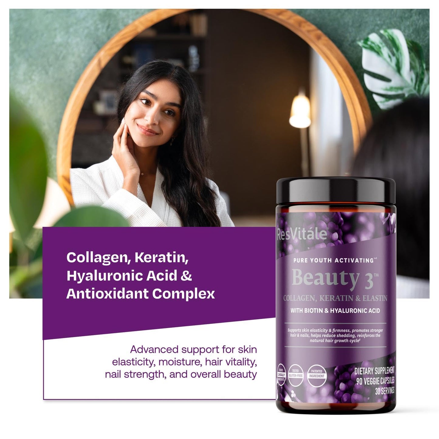 ResVitale Beauty 3 Skin Care Supplement with Collagen, Keratin & Elastin 90 Capsules