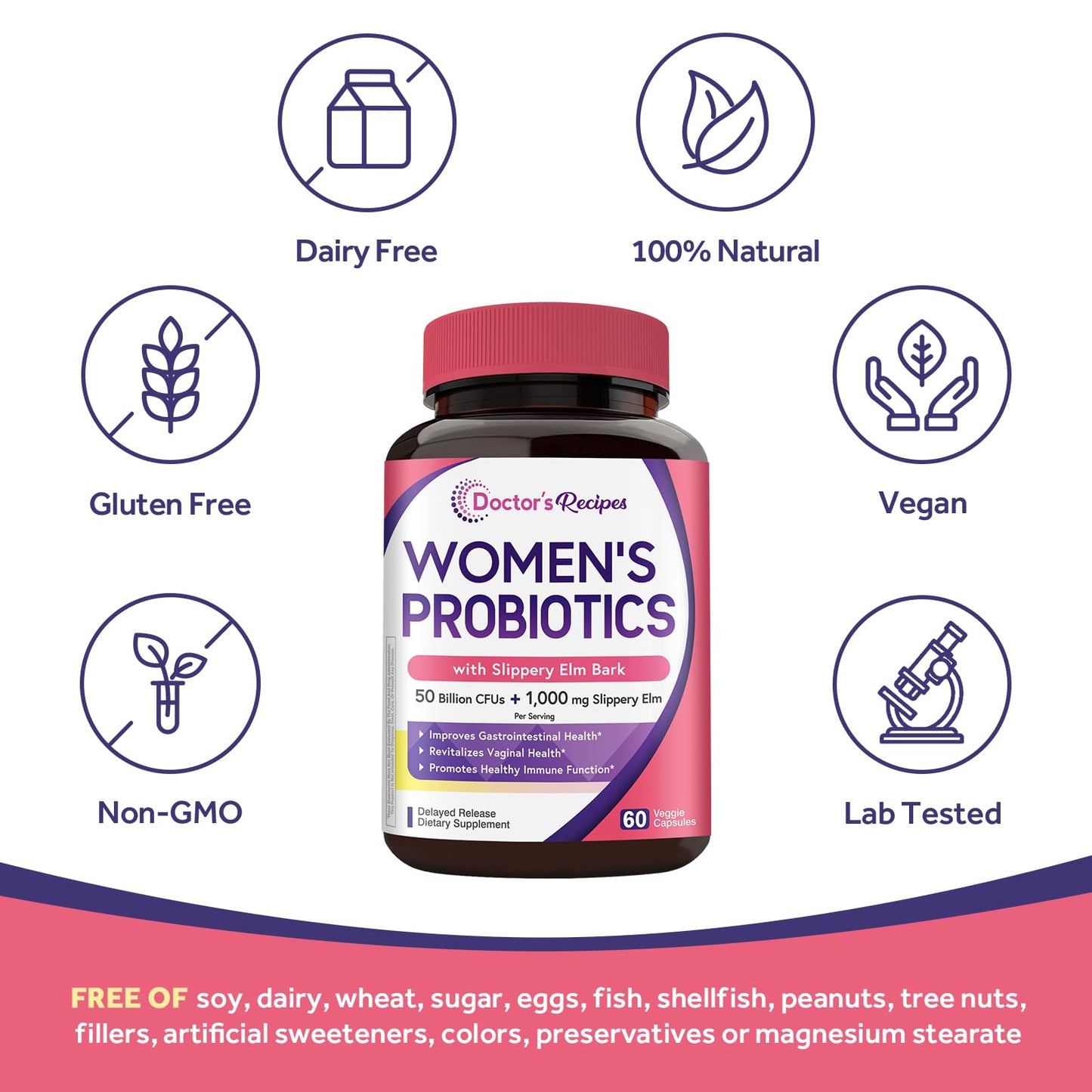 Doctor's Recipes Probiotics for Women with Slippery Elm 1000mg, Vaginal Probiotics 50 Billion CFUs, 60 Capsules