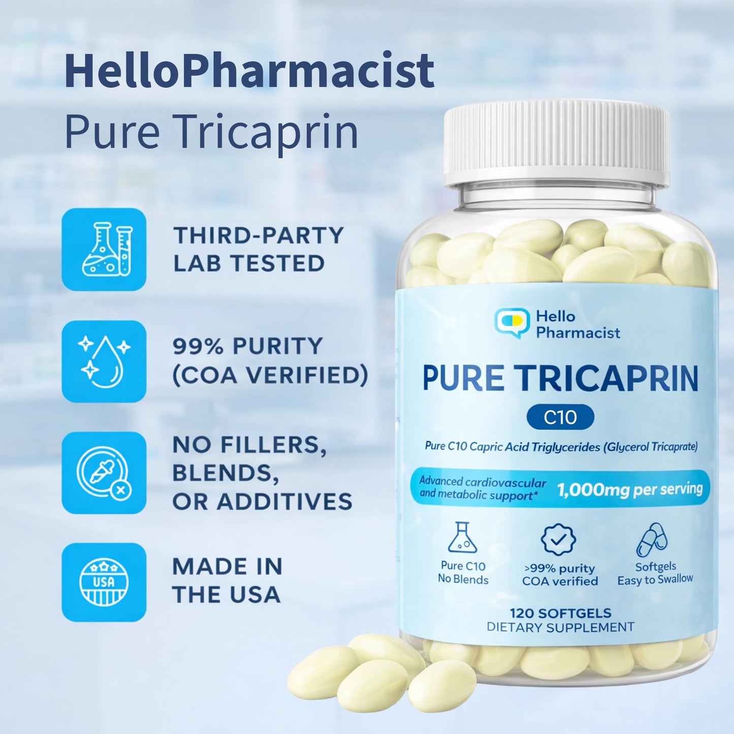 HelloPharmacist 100% Pure Tricaprin C10 MCT Oil Softgels, 120 Count