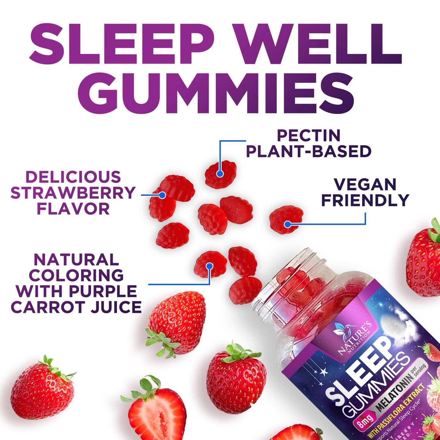 Nature's Nutrition Sleep Gummies 8mg Melatonin per Serving with Passiflora Extract for Restful Sleep, Fast Acting Melatonin Sleep Gummy Supplement for Adults, Vegan, Non-GMO, Strawberry Flavor, 120 Gummies