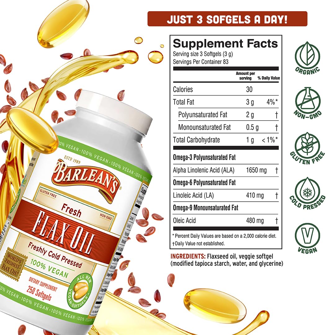 Barlean's Vegan Cold-Pressed Flaxseed Oil Supplements Softgels, 1650 mg ALA Fatty Acids, 250 Count