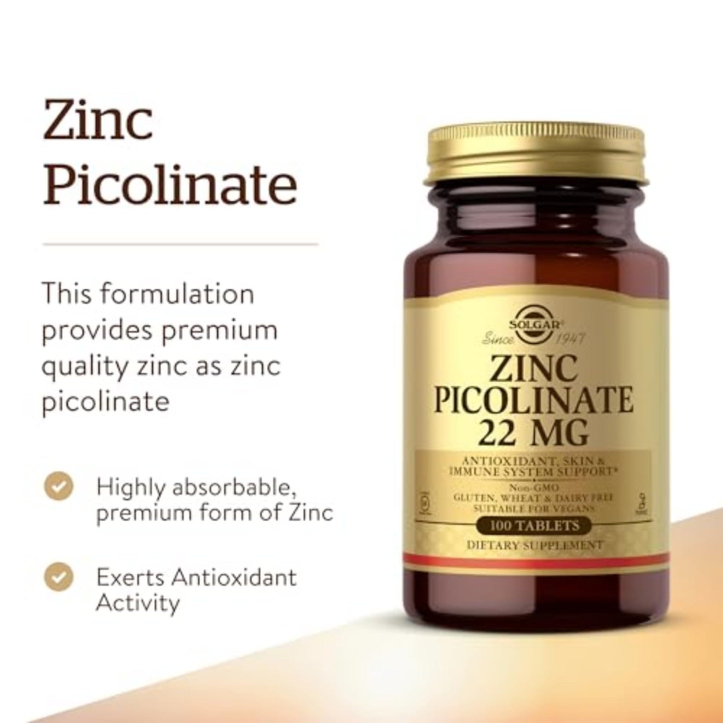 Solgar Zinc Picolinate 22 mg Tablets, 100 Tablets