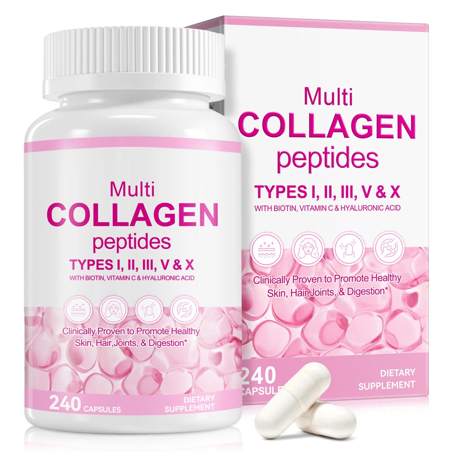 Vceeoy Multi Collagen Peptides for Men & Women, Multi Collagen Supplements Capsule with Biotin, Vitamin C & Hyaluronic Acid, Type I, II, III, V, X, 240 Capsules