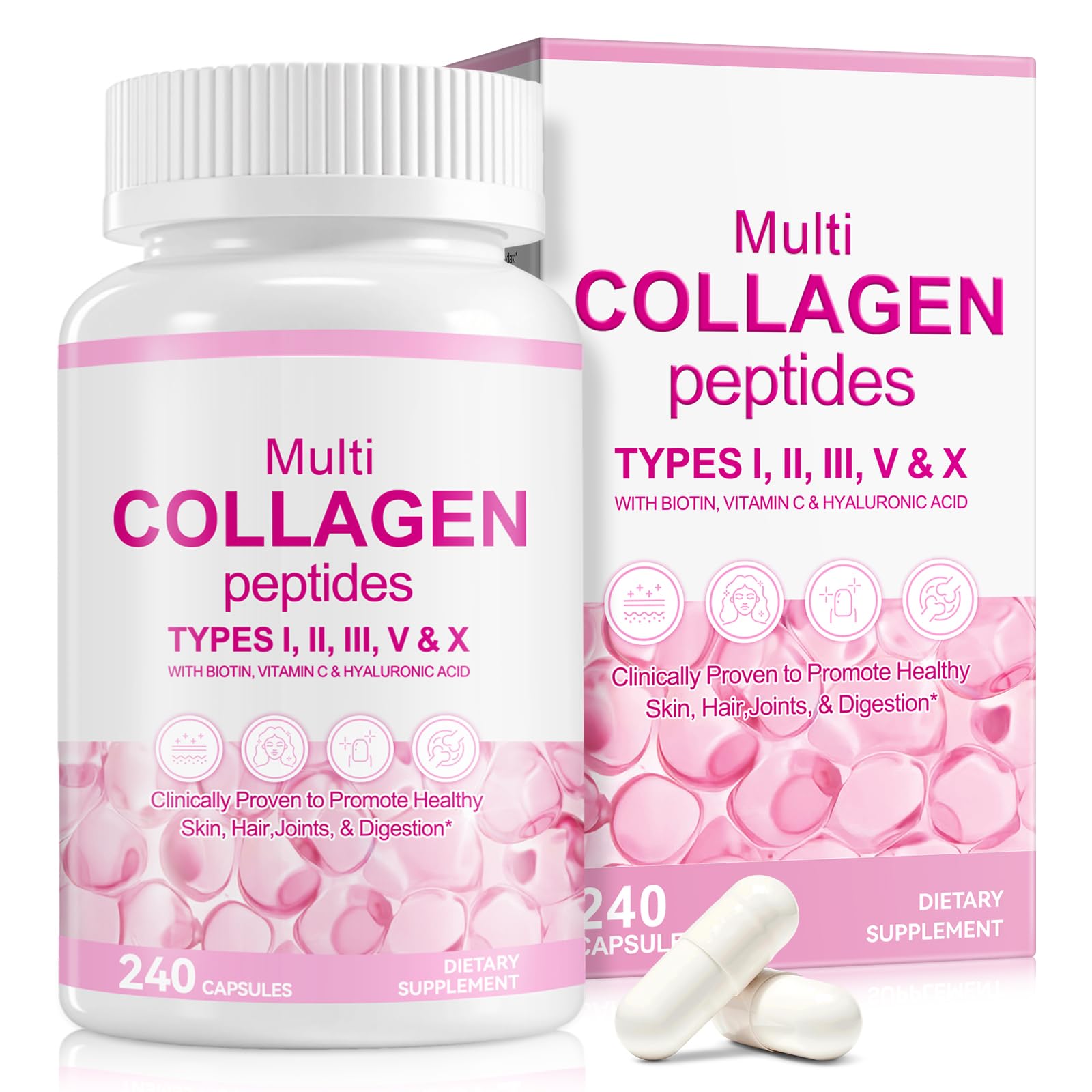 Vceeoy Multi Collagen Peptides for Men & Women, Multi Collagen Supplements Capsule with Biotin, Vitamin C & Hyaluronic Acid, Type I, II, III, V, X, 240 Capsules