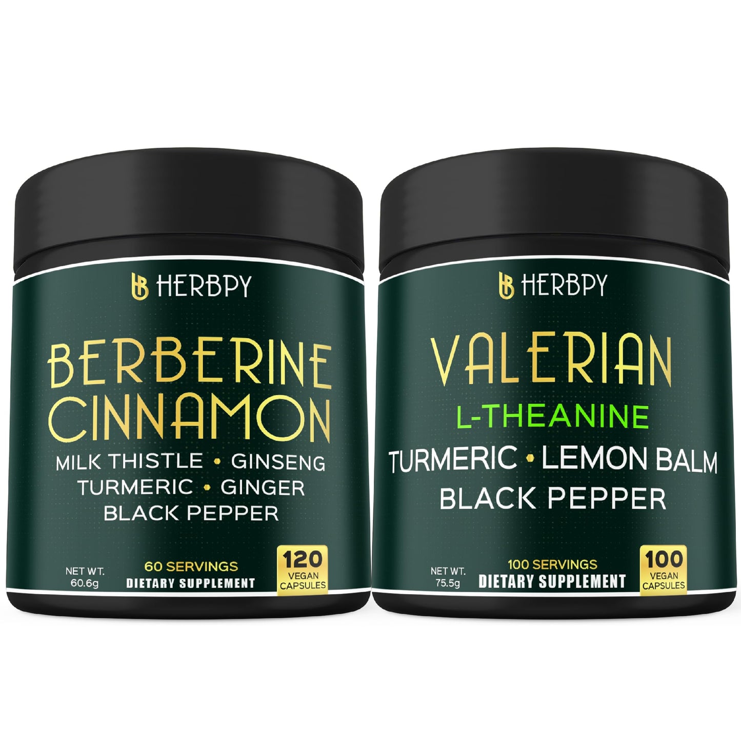 Herbpy Bundle 7in1 Berberine Supplement & 5in1 Valerian Root Capsules, 220 Capsules