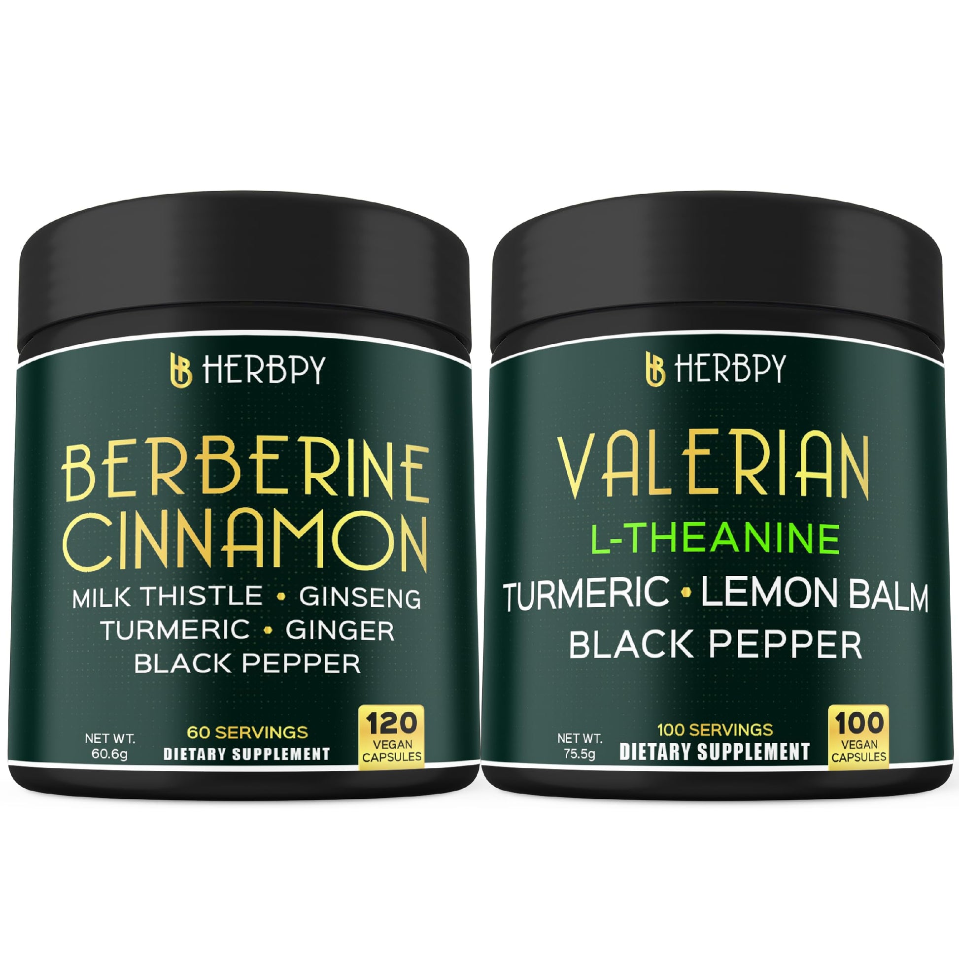 Herbpy Bundle 7in1 Berberine Supplement & 5in1 Valerian Root Capsules, 220 Capsules