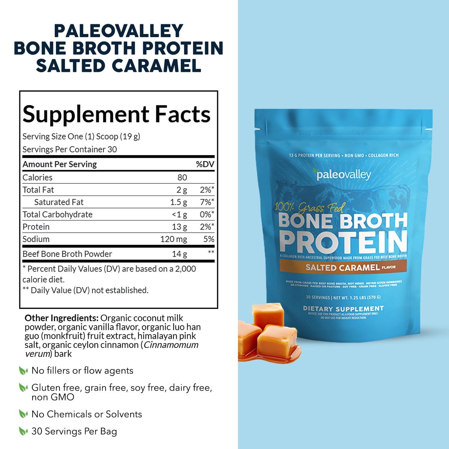 Paleovalley 100% Grass Fed Beef Bone Broth Protein Powder 20.16 oz