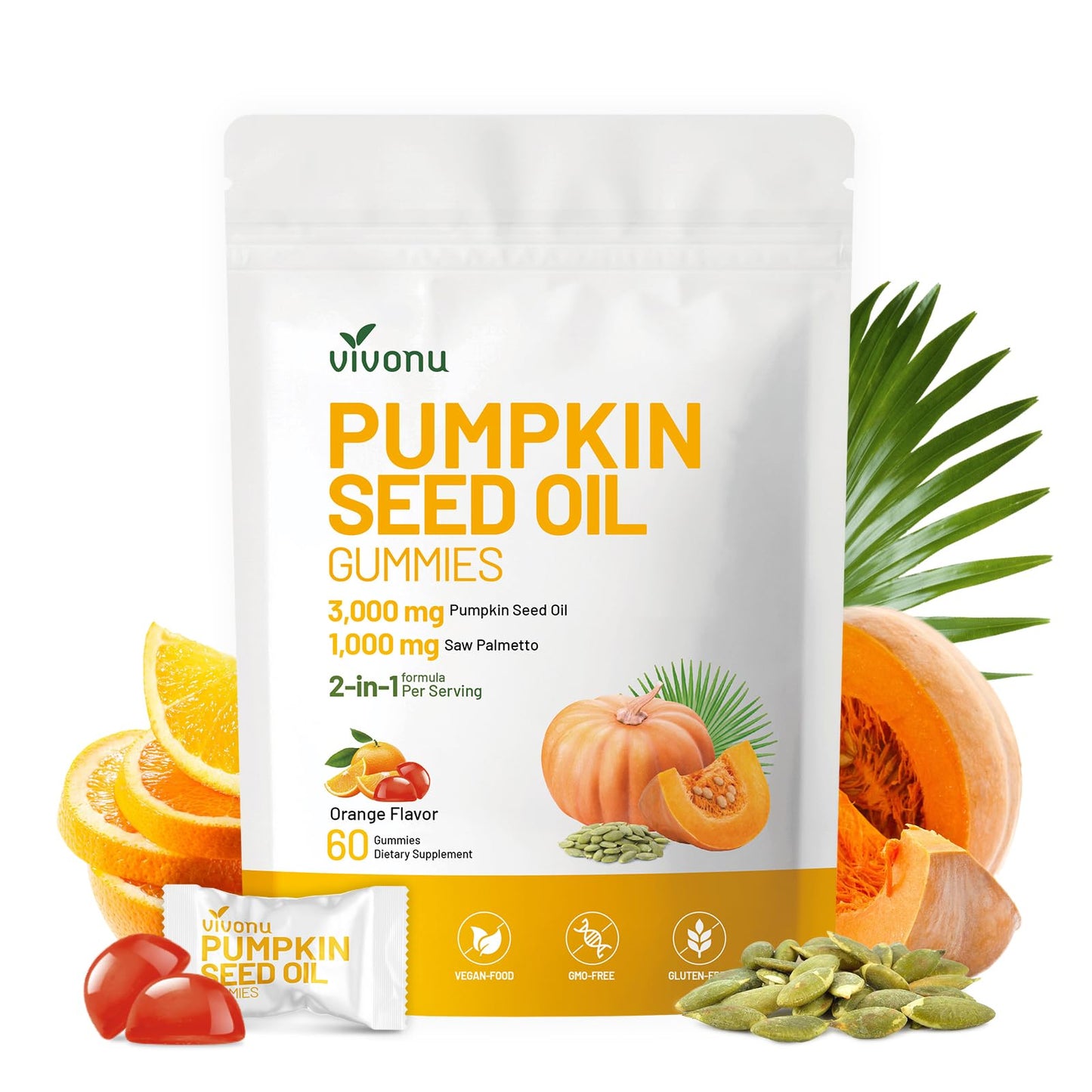 VivoNu Organic Pumpkin Seed Oil Gummies with Saw Palmetto, 60 Gummies