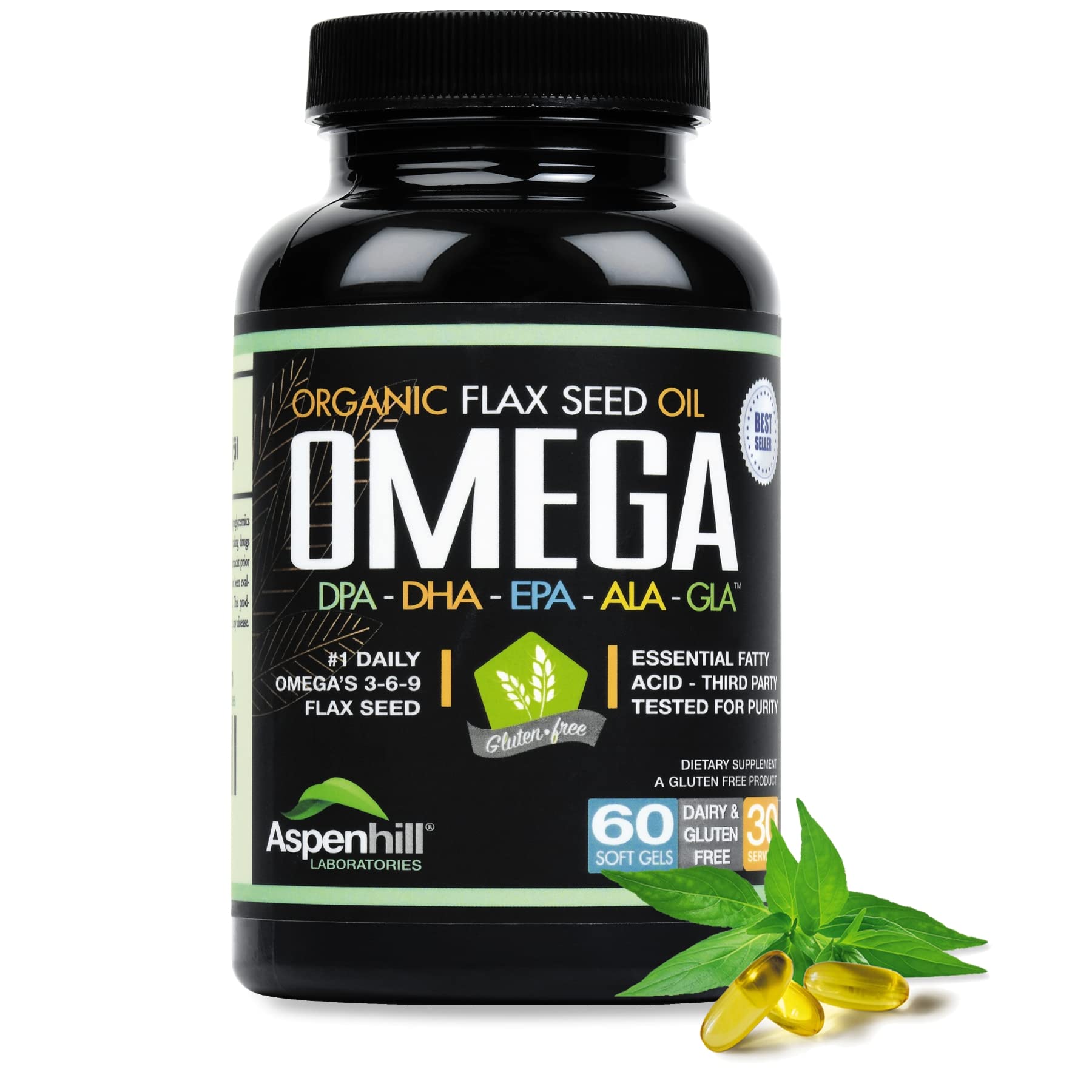 Aspenhill Laboratories Wild Caught Antarctic Omega-3 Fish Oil Super Blend with DPA, EPA, DHA, ALA and GLA with Added Organic Flax Seed Oil Softgels, 60 Count