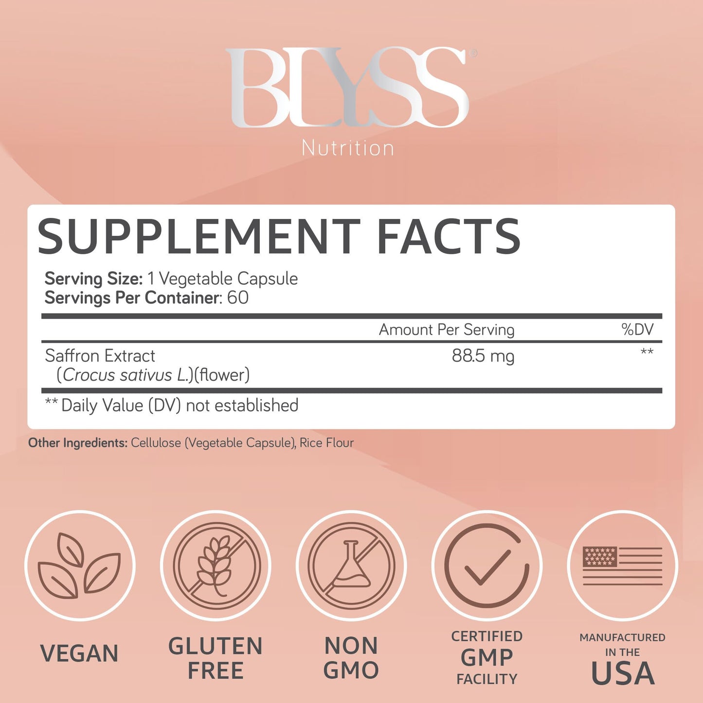 BLYSS Nutrition Saffron Extract Capsule, 60 Capsules