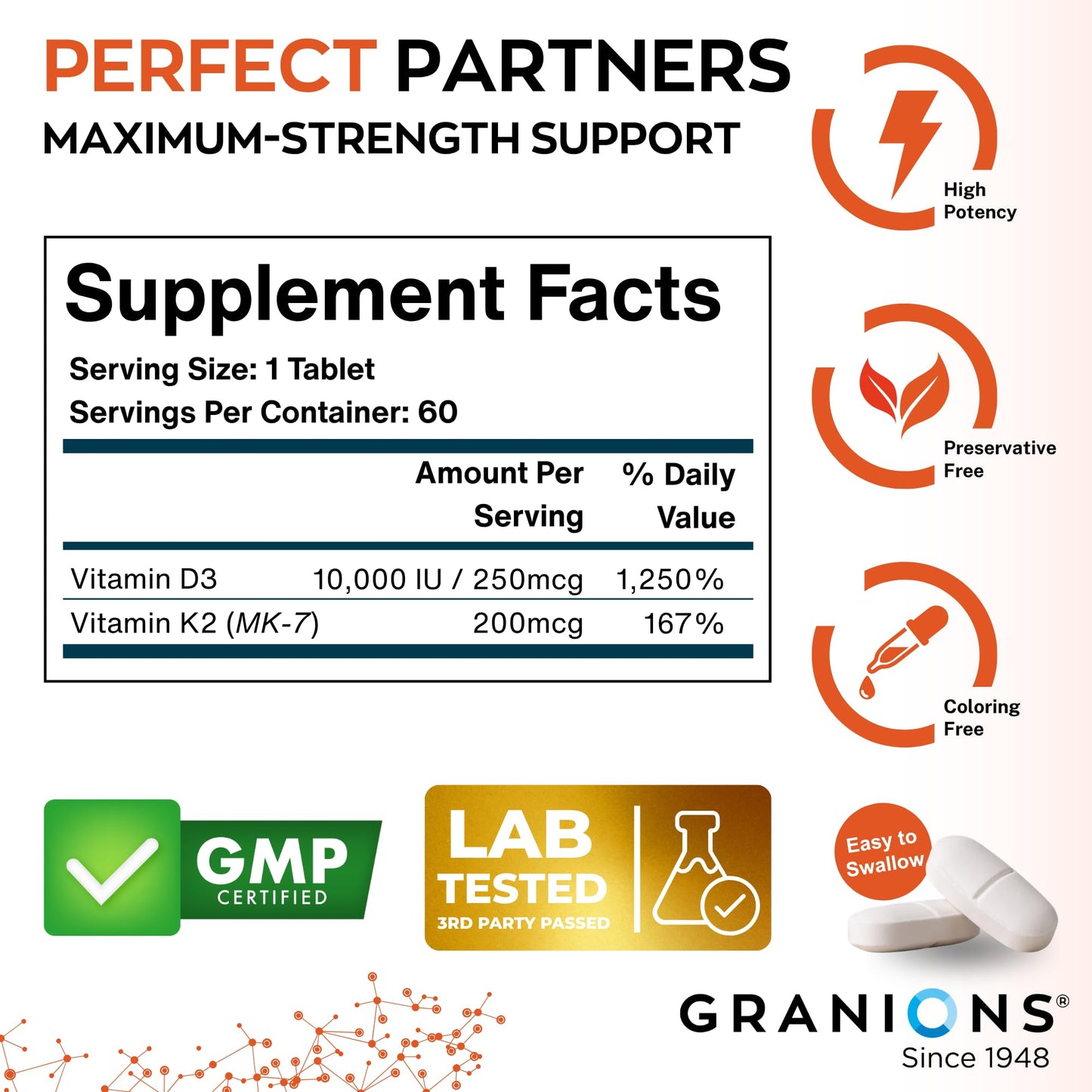 Granions Max Strength Vitamin D3 K2 Supplement Tablet, 60 Tablets
