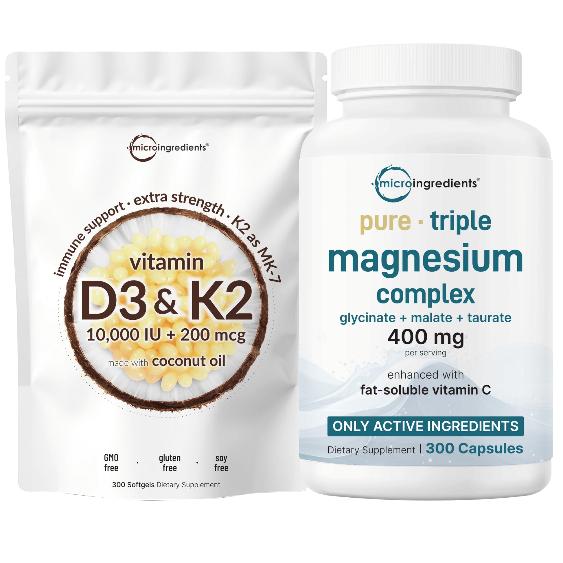 Micro Ingredients Vitamin D3 10,000iu + K2 200mcg Softgels & Pure Triple Magnesium Complex 400mg Capsules, 600 Count