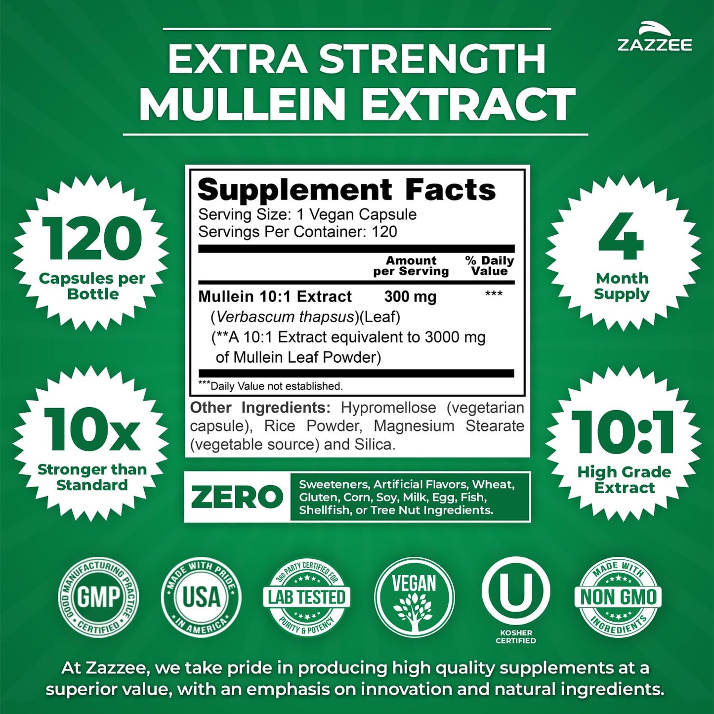 Zazzee Mullein Leaf 10:1 Extract Extra Strength Capsules, 120