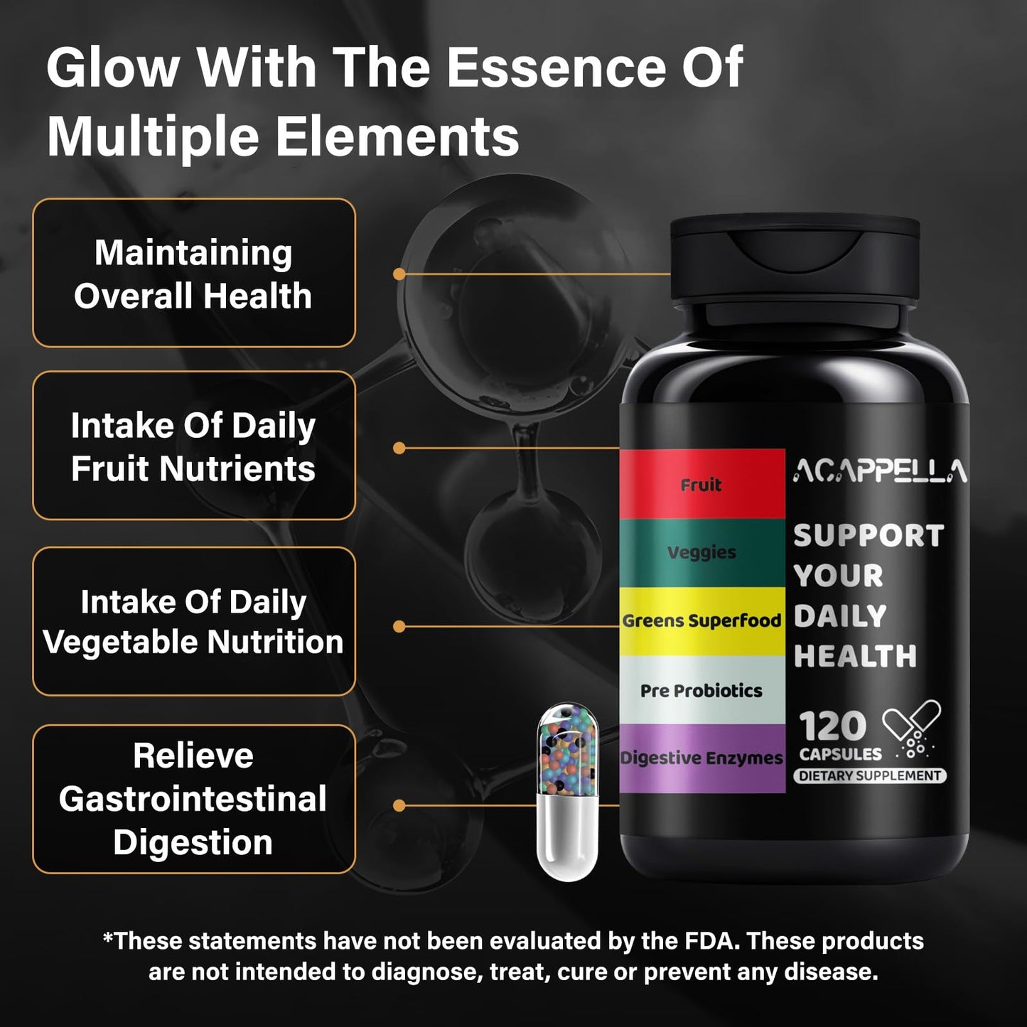 ACAPPELLA Fruit and Veggies Capsule with Greens Superfood Extract Digestive Enzymes with Probiotics and Prebiotics Fruits and Vegetables Supplements for Men and Women, 120 Capsules