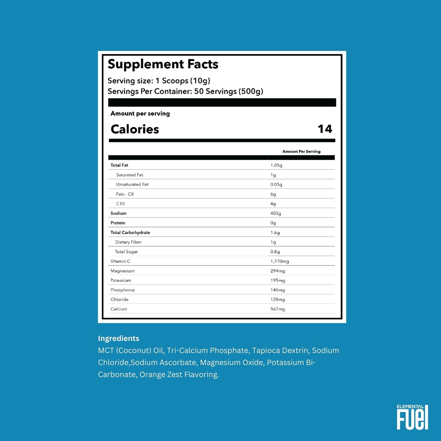 Elemental Fuel Carbonic Orange Zest Hydration & MCT Oil Powder - First-Ever Advanced Electrolyte & MCT Formula, Enhances Hydration, Sustained Energy & Recovery - 31.25 Servings