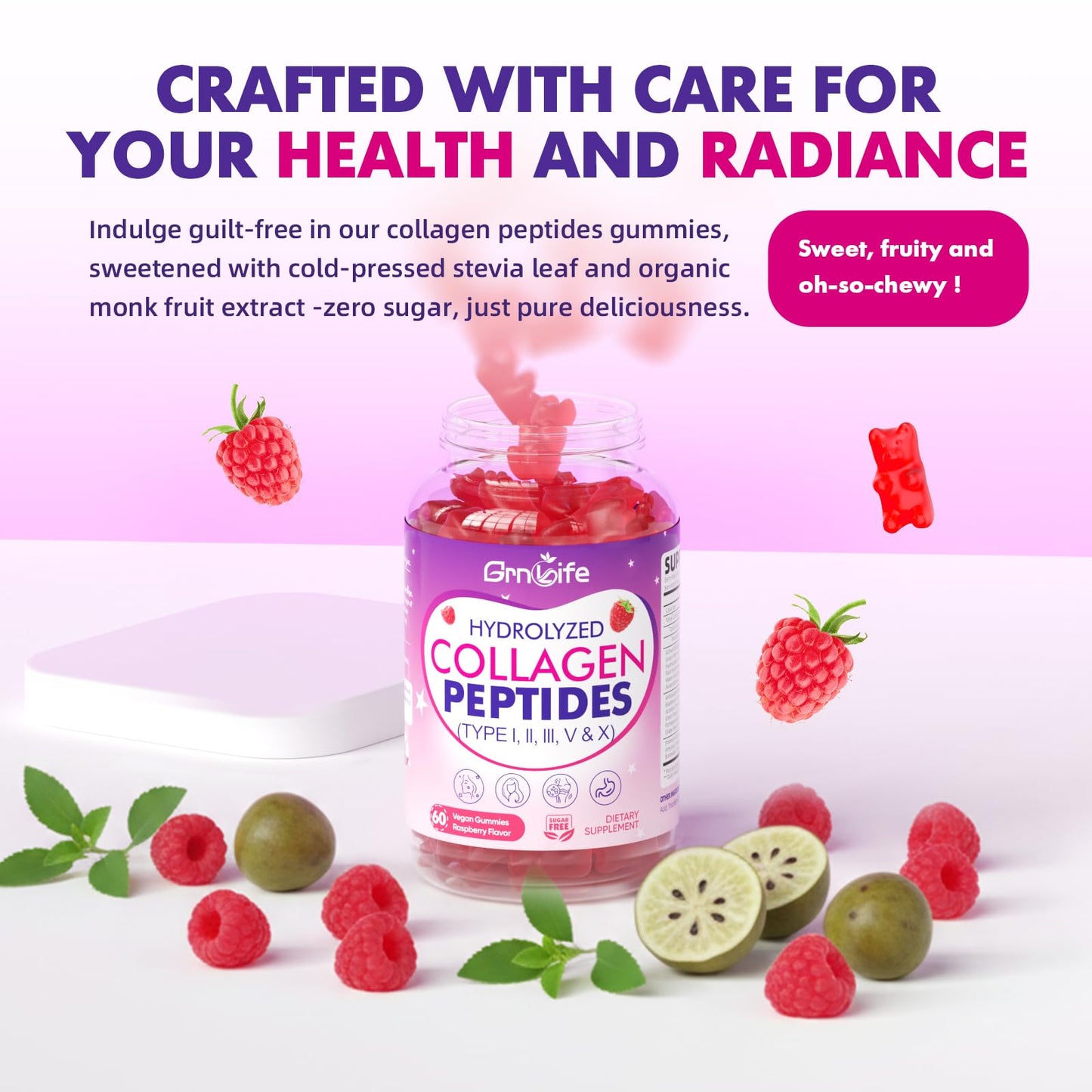 GrnLife Multi-Collagen Gummies Type I, II, III, V, X for Skin, Hair & Nails, Hydrolyzed Collagen Peptides, Sugar-Free Raspberry, 120 Count