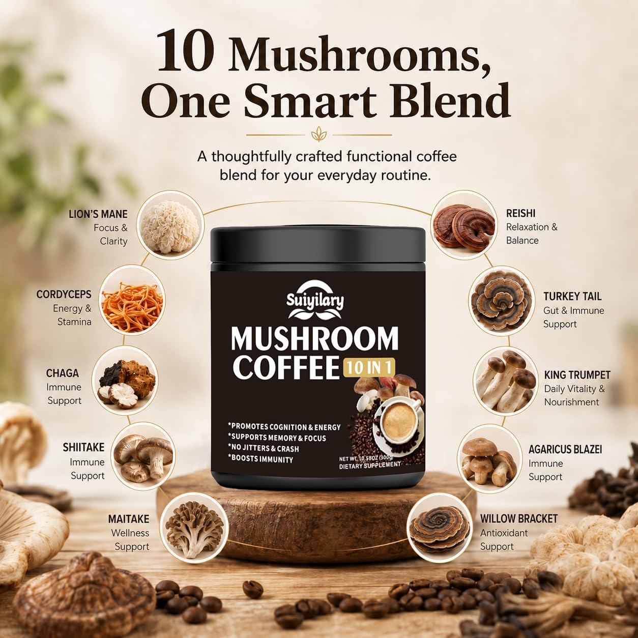 Suiyilary Mushroom Coffee 10 Mushroom Extract Powder Blend Lion's Mane, Reishi, Chaga, Cordyceps, Turkey Tail, Brain Support with Instant Coffee, Powder, 10.6 oz