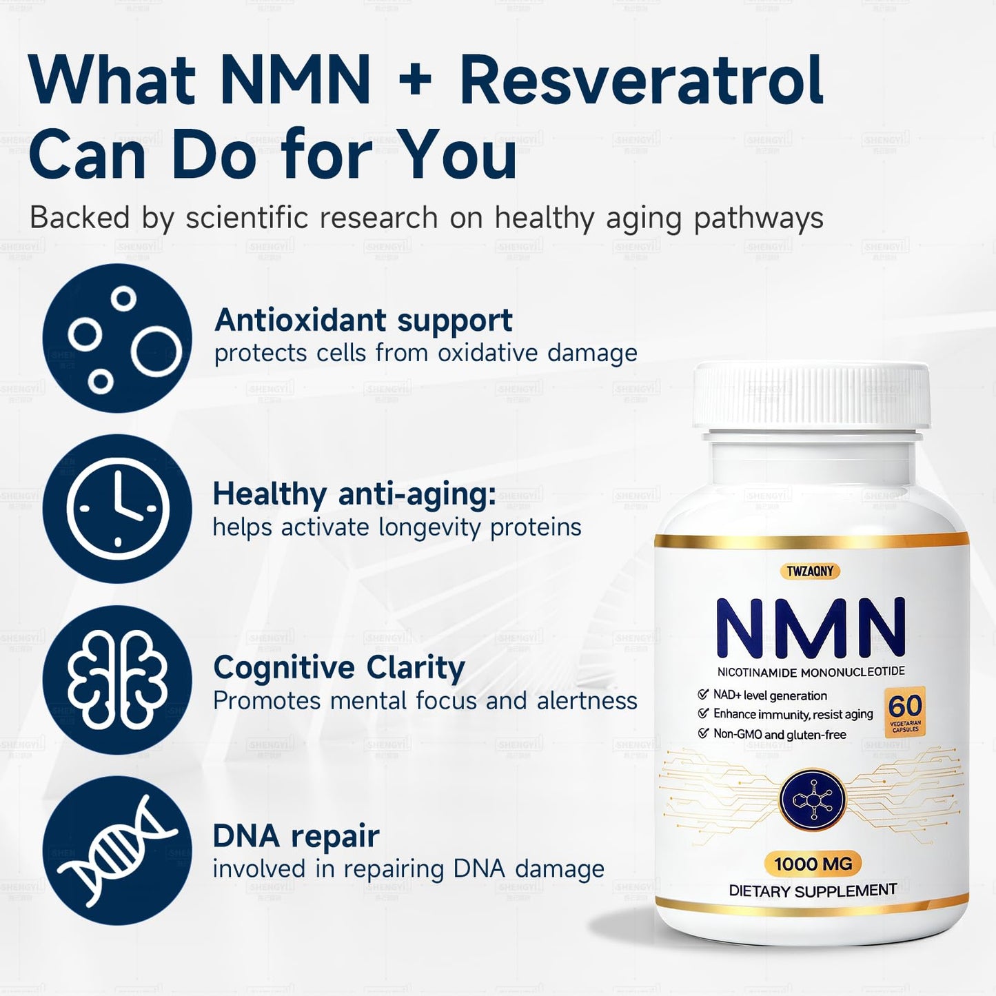 Twzaqny NMN Supplement 1000mg 10-in-1 Formula with Nicotinamide Mononucleotide, Resveratrol, and NAD+ Precursors 60 Capsules