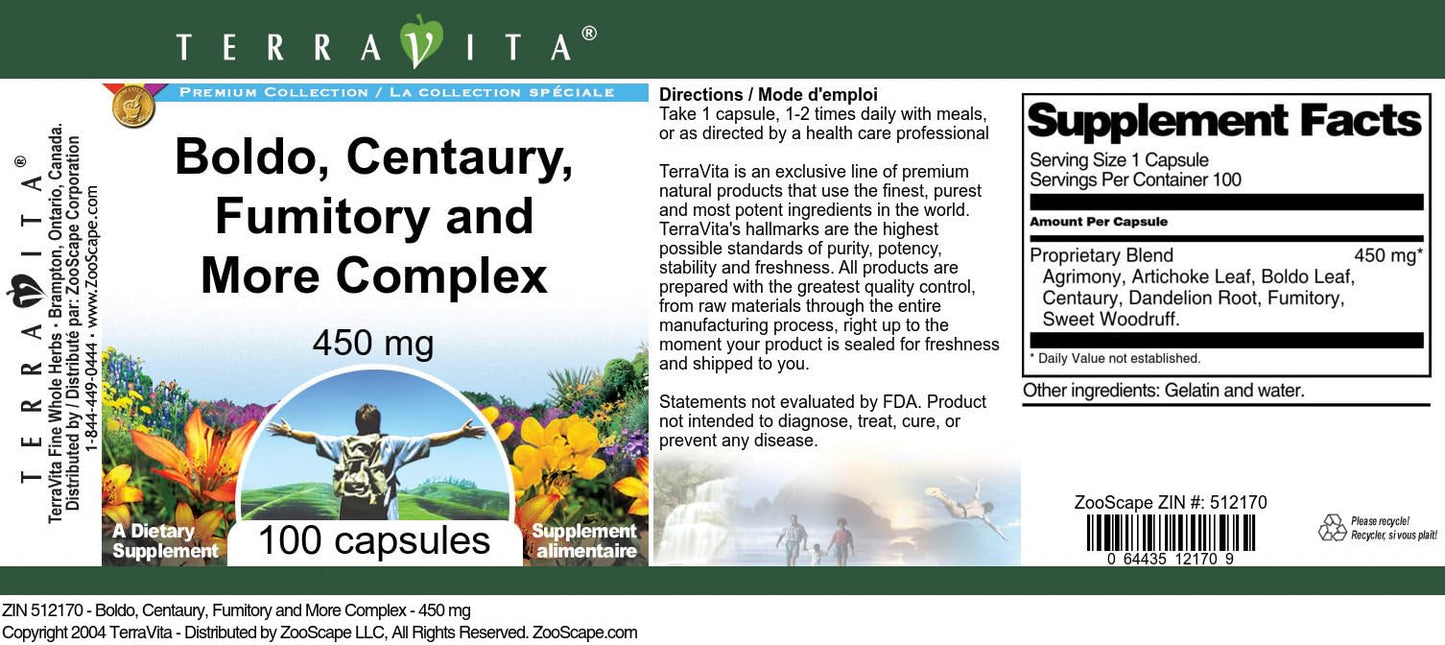 Terravita Cholesterol Maintenance Complex - Boldo, Centaury, Fumitory and More - 450 mg, 100 Capsules