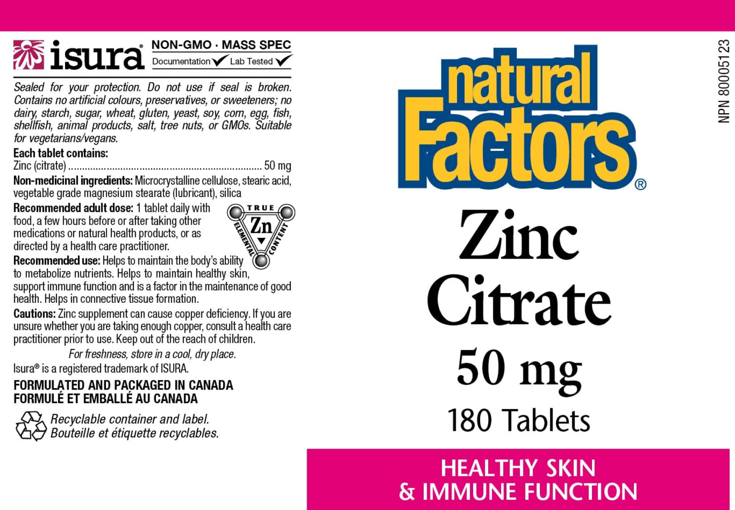Natural Factors Zinc Citrate 50mg Tablets, 180 Count