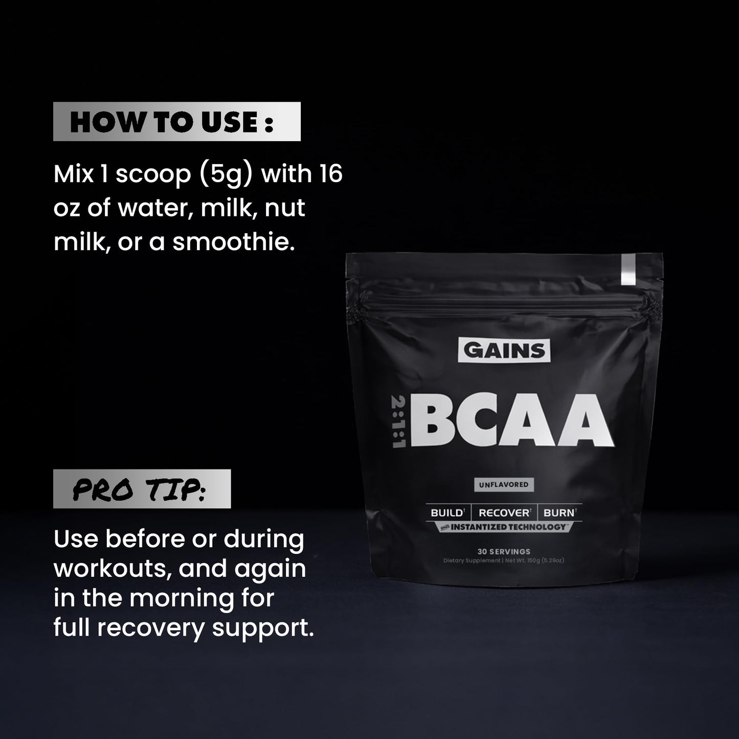 GAINS IN BULK BCAA Powder, Plant-Based Pre Workout, Unflavored, 16 oz