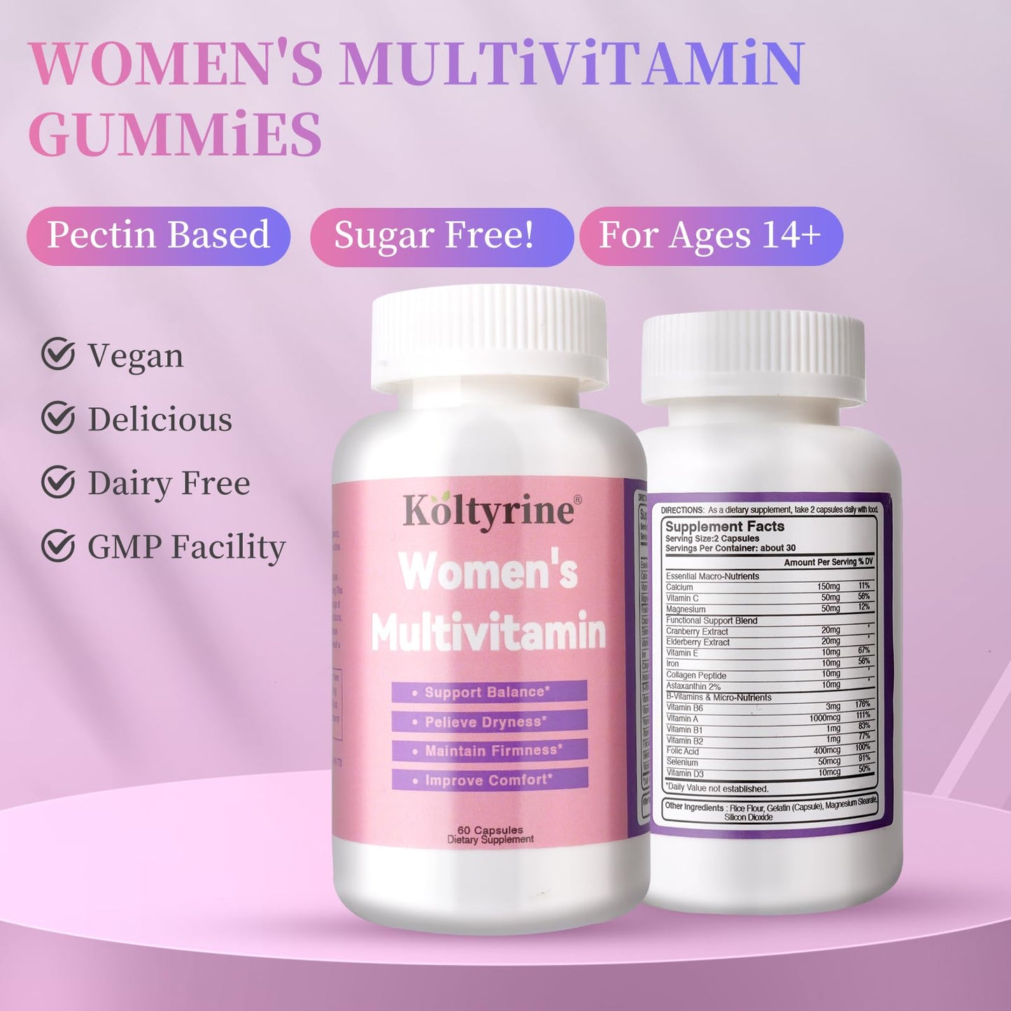 Koltyrine Women's Multivitamin 13-in-1 Complex with Biotin, Collagen & Keratin, Vitamins A, B Complex, C, D3, E & K2 Hair, Skin, Nails & Energy Support, 60 Capsules