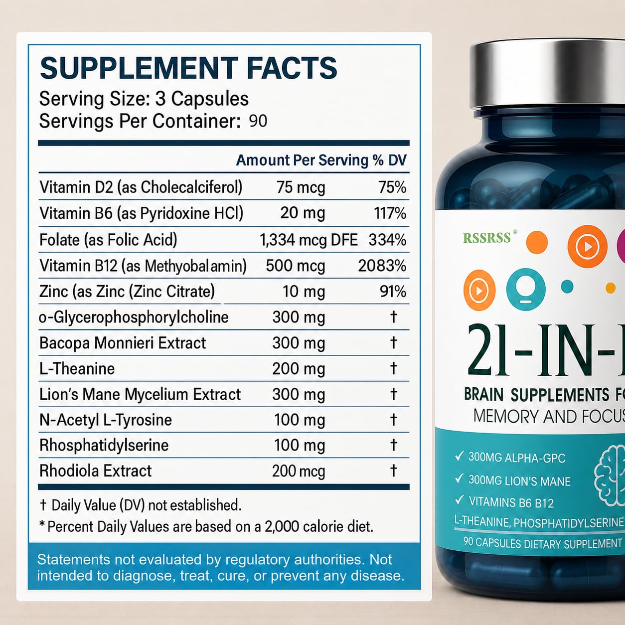 RSSRSS Brain Supplements for Memory and Focus, 21-in-1 Advanced Cognitive Formula, Natural Herbal Formula, Clarity & Cognitive Improvement for Men & Women, 90 Capsules