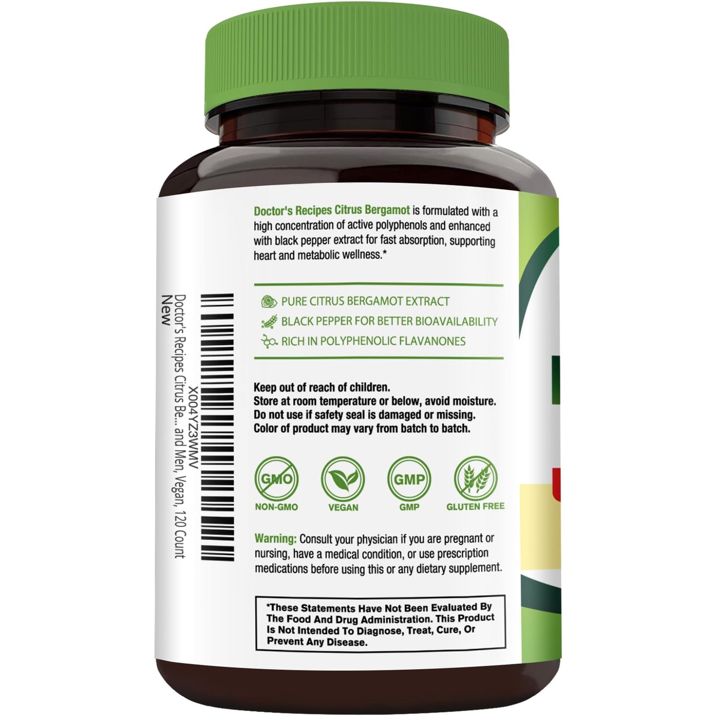 Doctor's Recipes Citrus Bergamot Capsules 1200mg, Pure Bergamot Extract, Rich in Polyphenolic Flavanones, with Black Pepper Extract, Natural Heart Health Supplement for Women and Men, Vegan, 120 Count